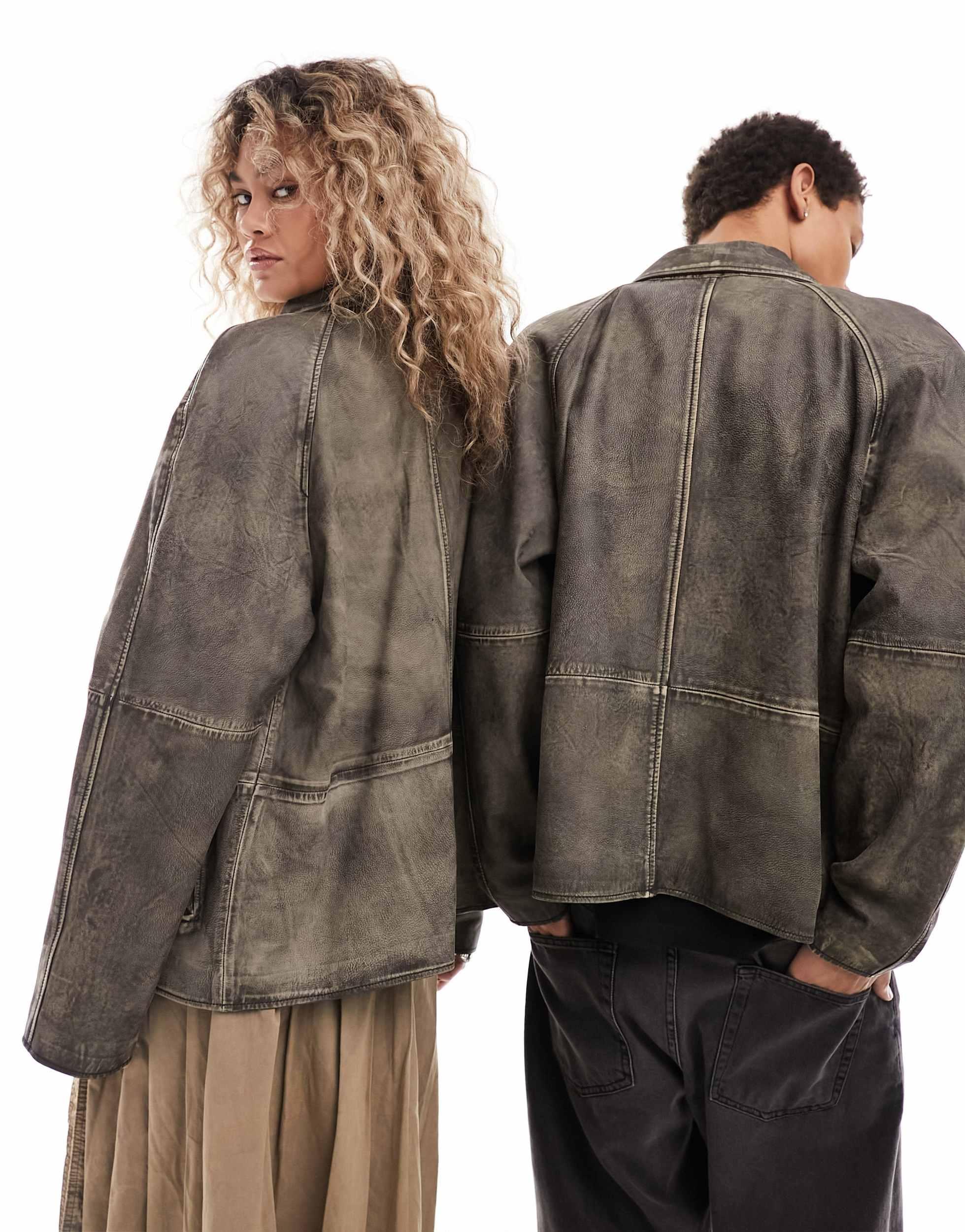 Reclaimed (vintage) Washed Real Leather Zip Up Jacket in Reclaimed (vintage) Washed Real Leather Zip Up Jacket in