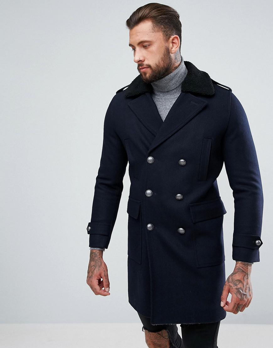 ASOS Asos Wool Mix Trench Coat With Borg Collar In Navy in Black for ...