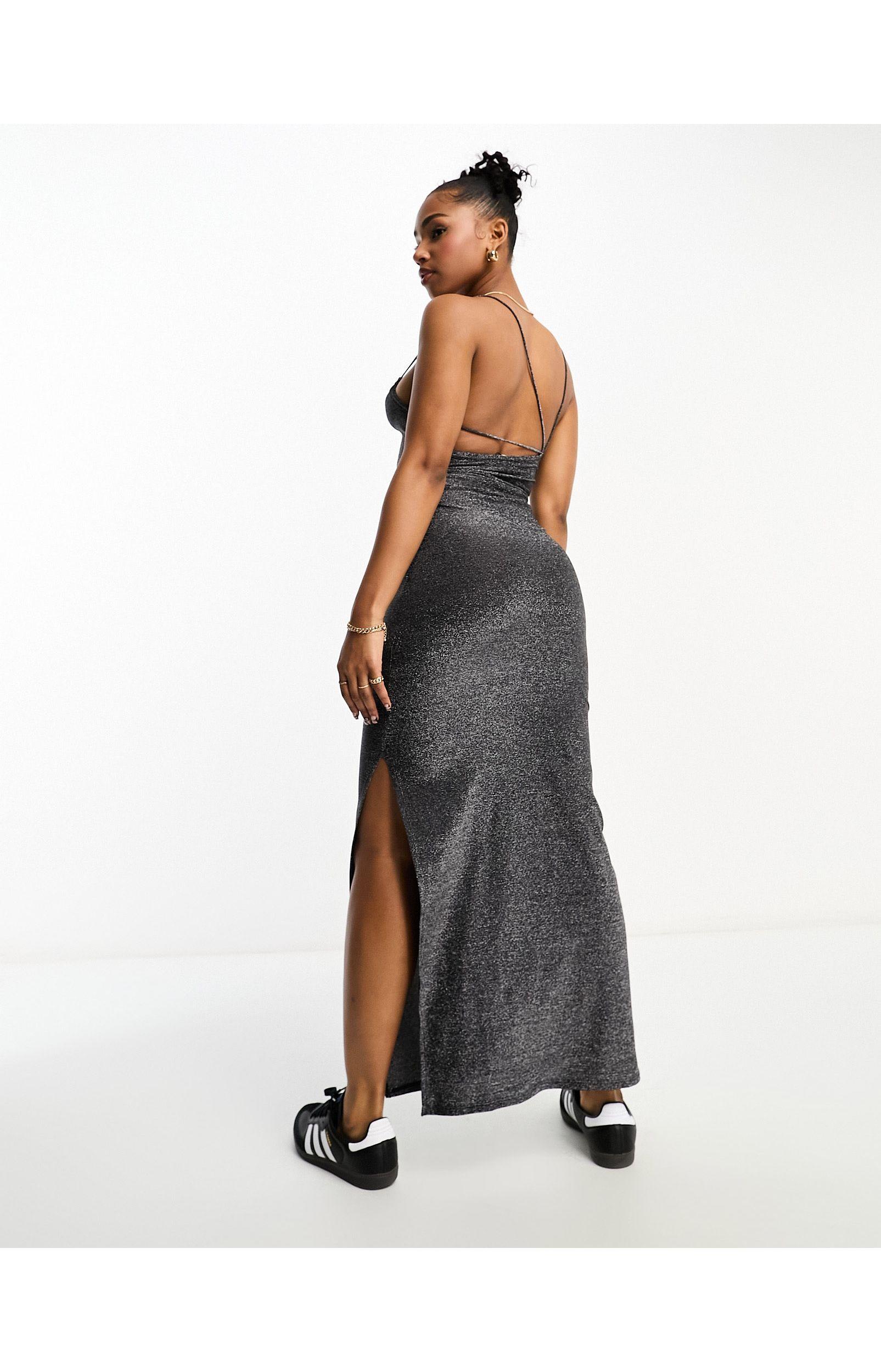 Pull&Bear Asymmetric Strappy Back Glitter Maxi Dress in Black