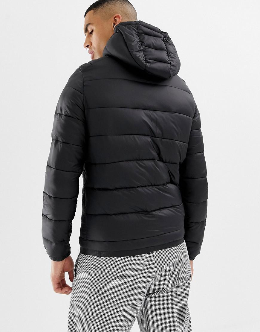 bershka hooded puffer jacket in black