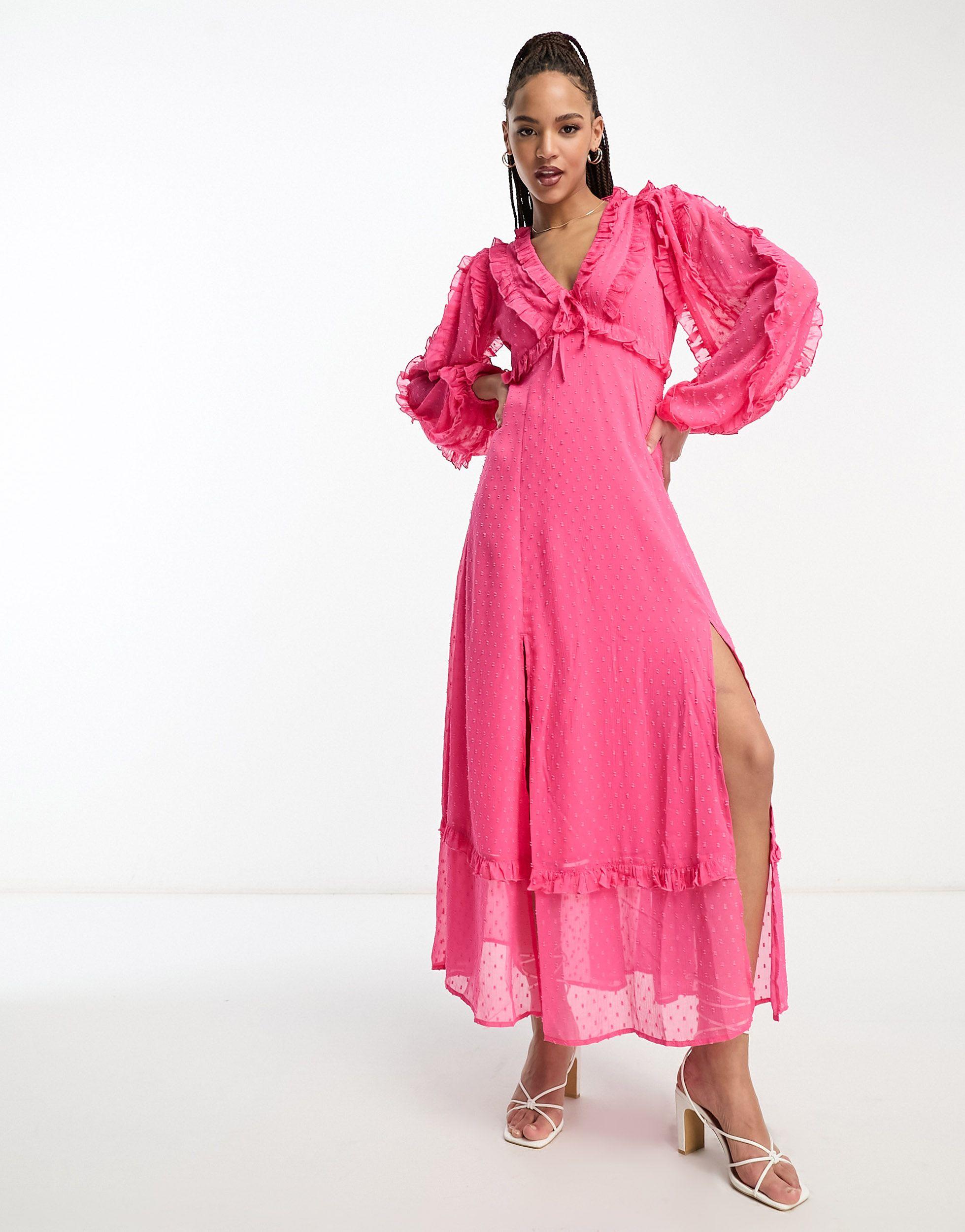 Miss Selfridge Dobby Chiffon Frill Detail Maxi Dress in Pink | Lyst