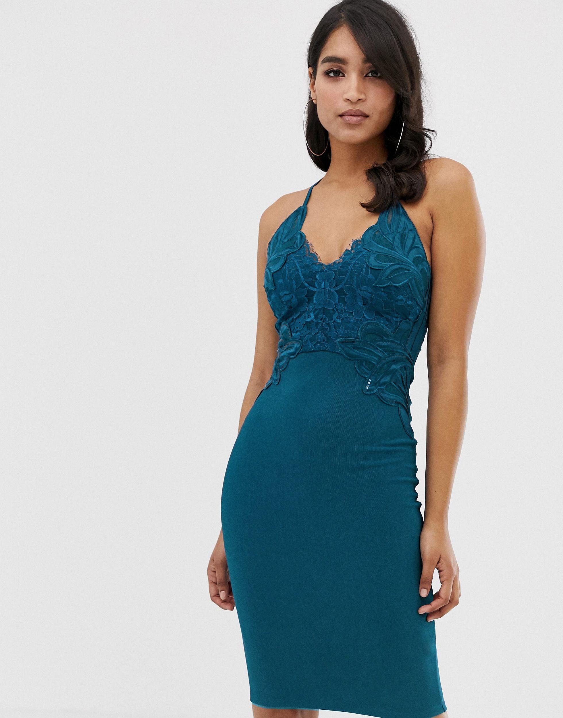 Lipsy Floral Applique High Neck Bodycon Dress In Teal in Blue | Lyst