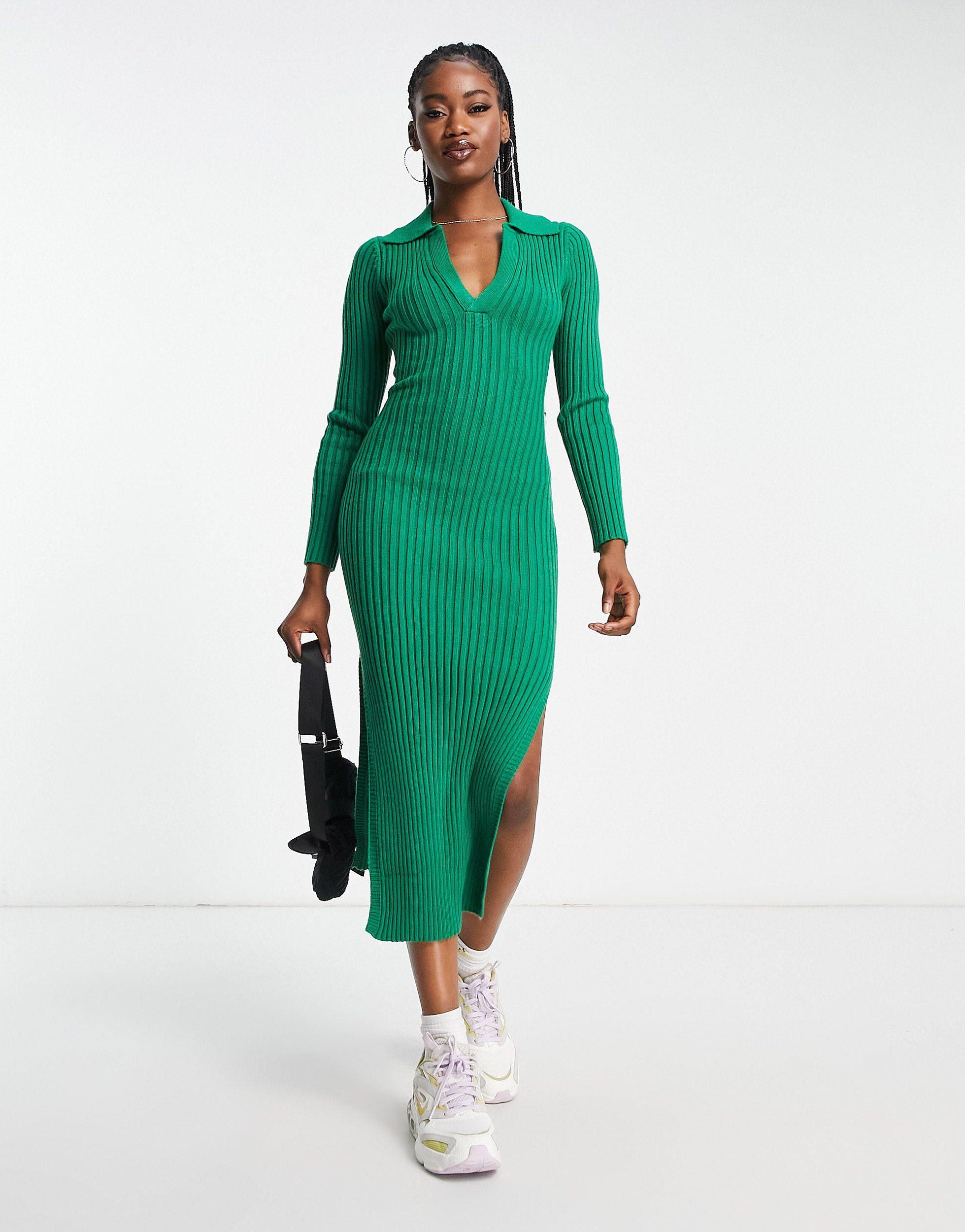 In The Style X Billie Faiers Exclusive Knitted Ribbed Collar Midi Dress in  Green | Lyst