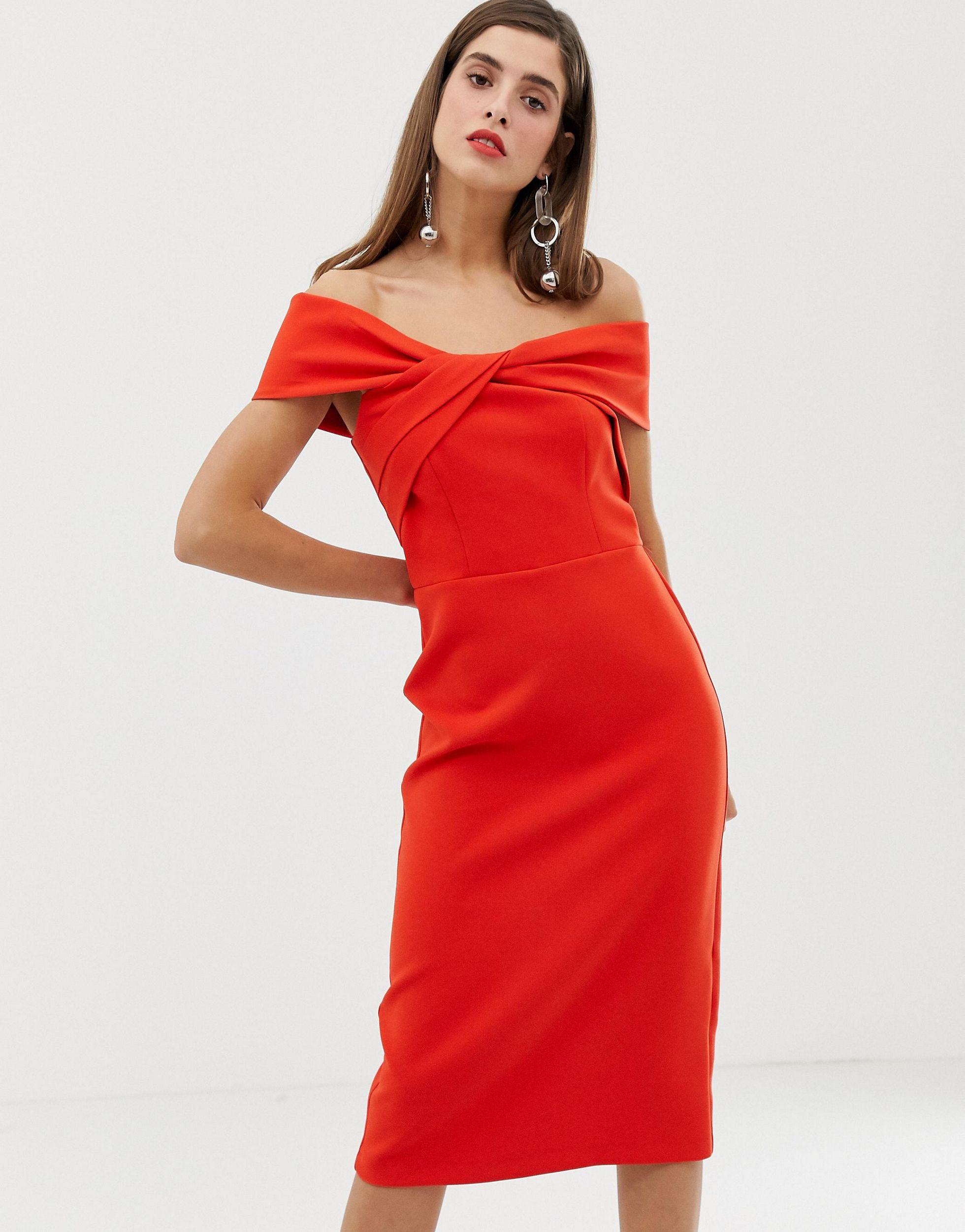 red off the shoulder bodycon dress