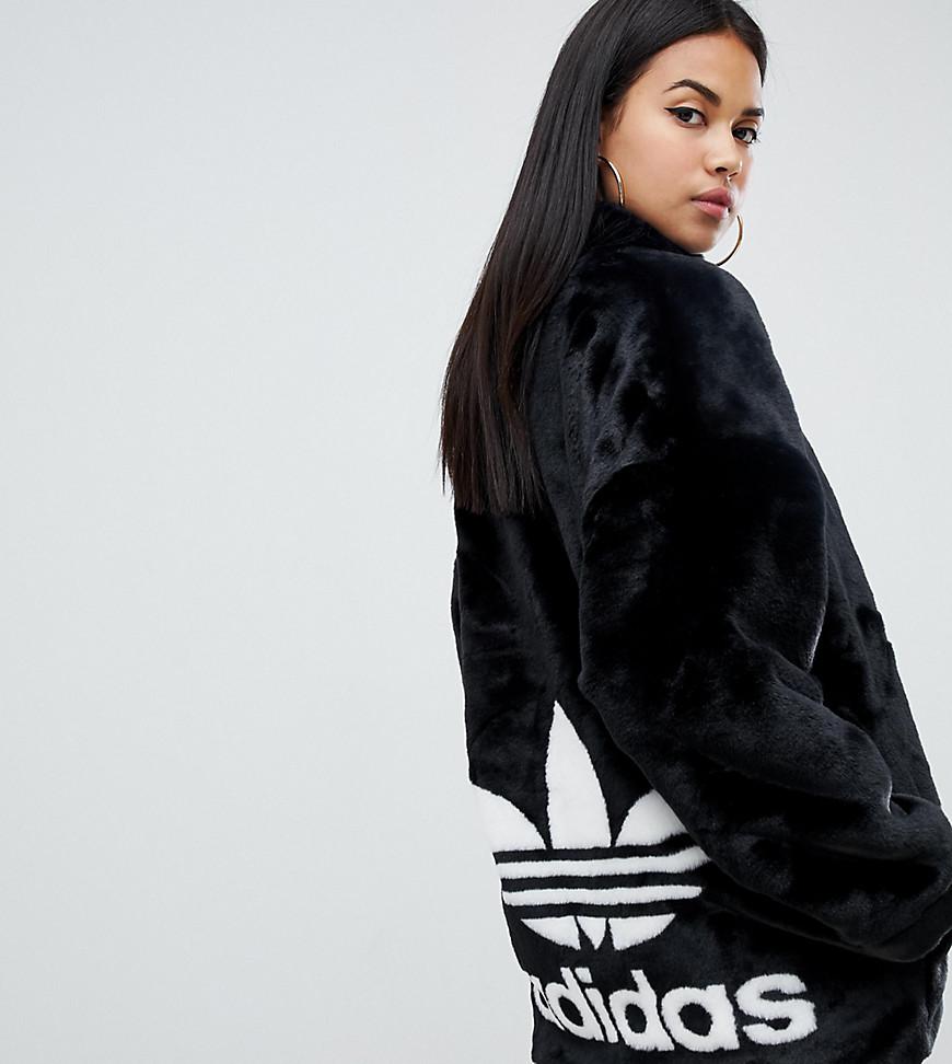 adidas Originals Faux Fur Jacket With Back Trefoil Logo In Black | Lyst  Australia