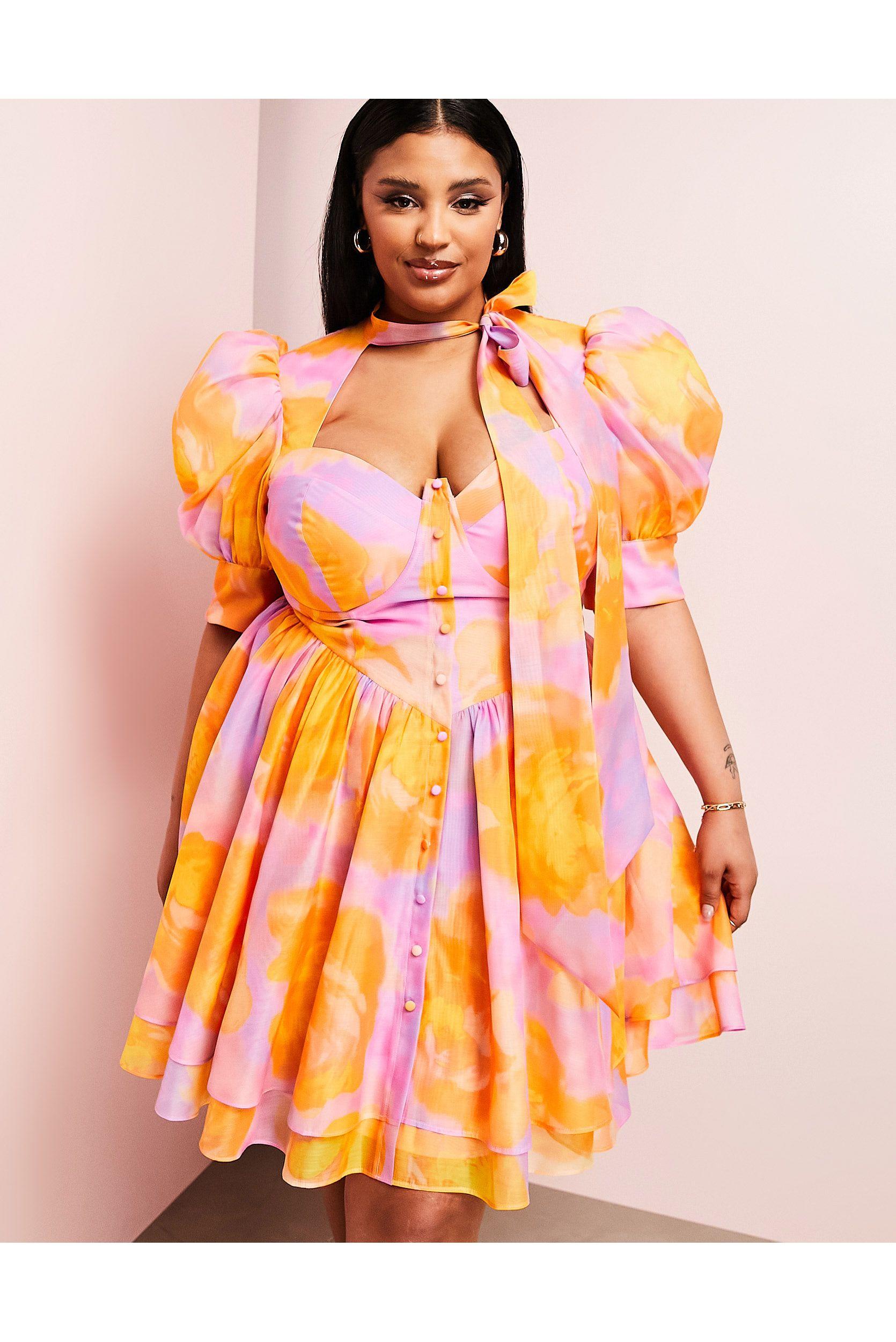 ASOS Curve Sweetheart Cut Out Puff Sleeve Pussybow Mini Swing Dress in  Orange | Lyst