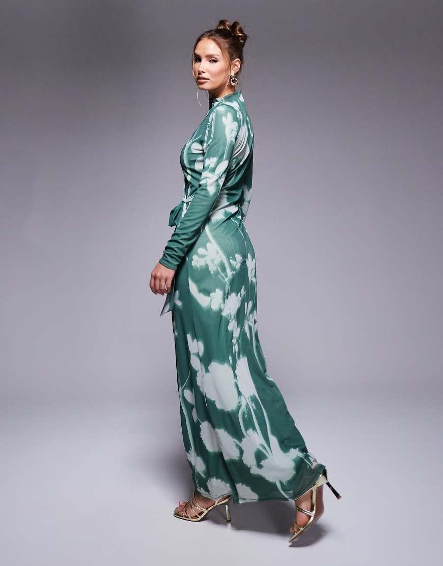 ASOS High Neck Long Sleeve Maxi Dress With Wrap Tie Detail in Blue