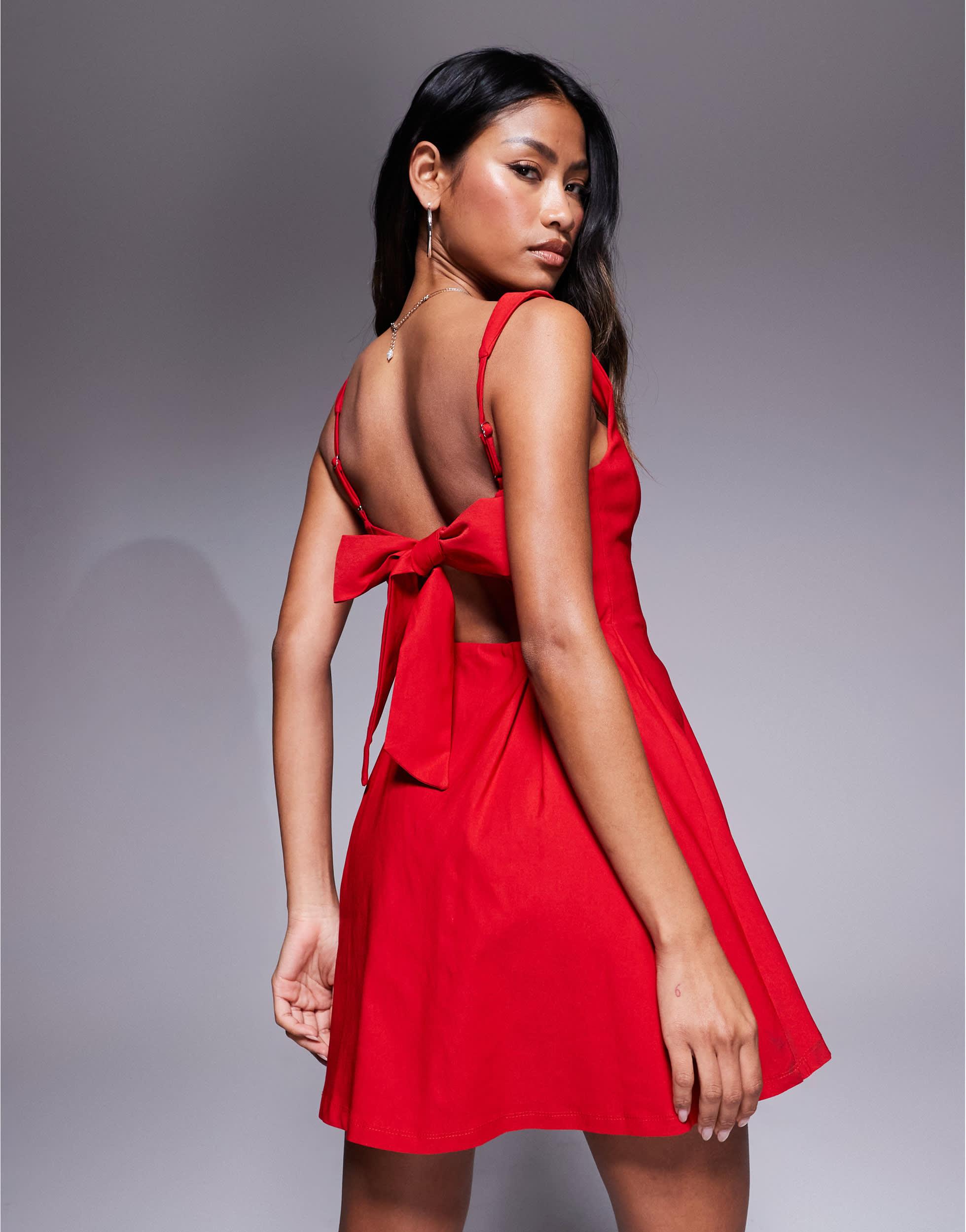 bengaline mini dress Love Triangle Square Neck Bengaline Mini Dress With Bow Back in Red