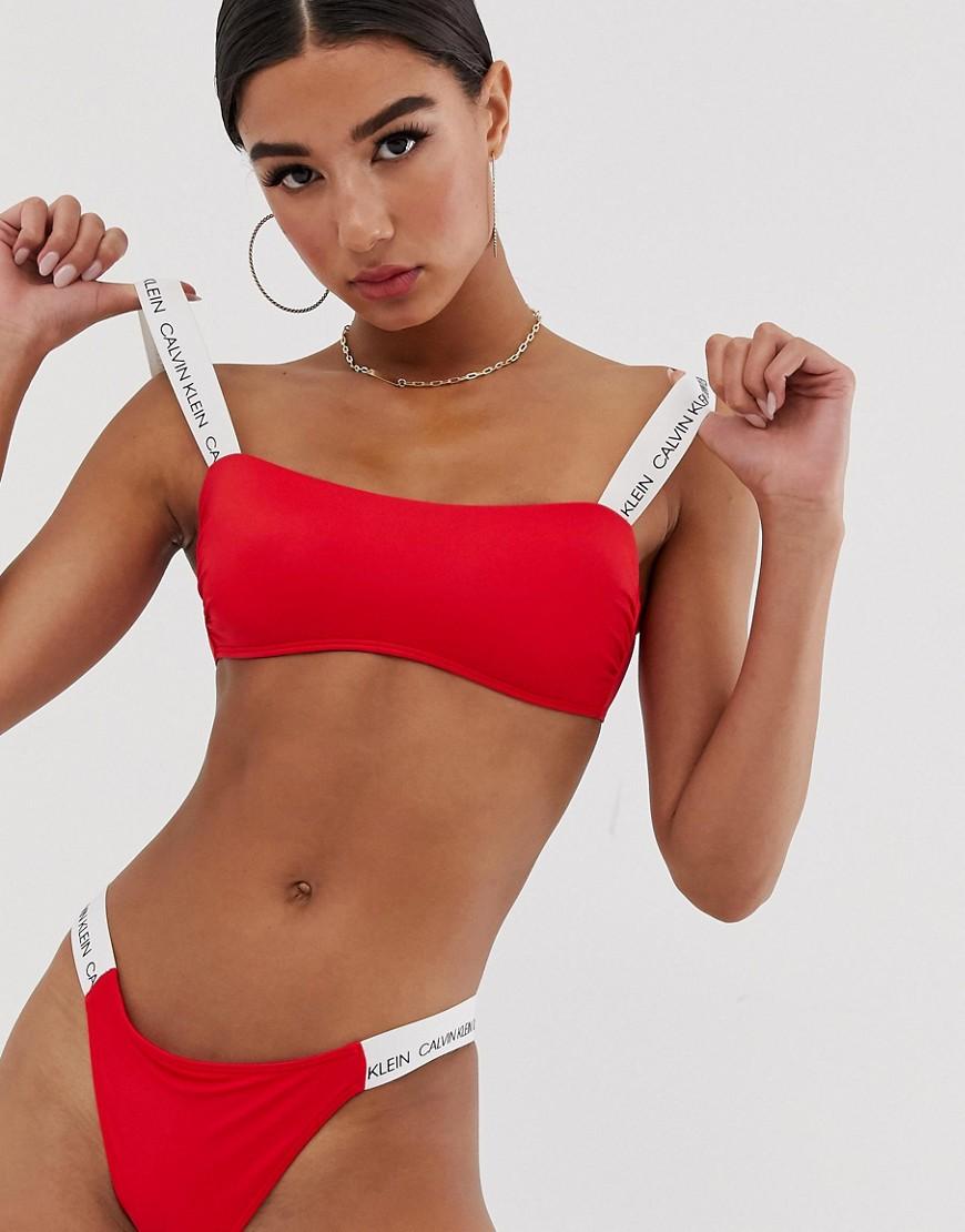 Calvin Klein Bandeau Logo Strap Bikini Top In Red | Lyst UK