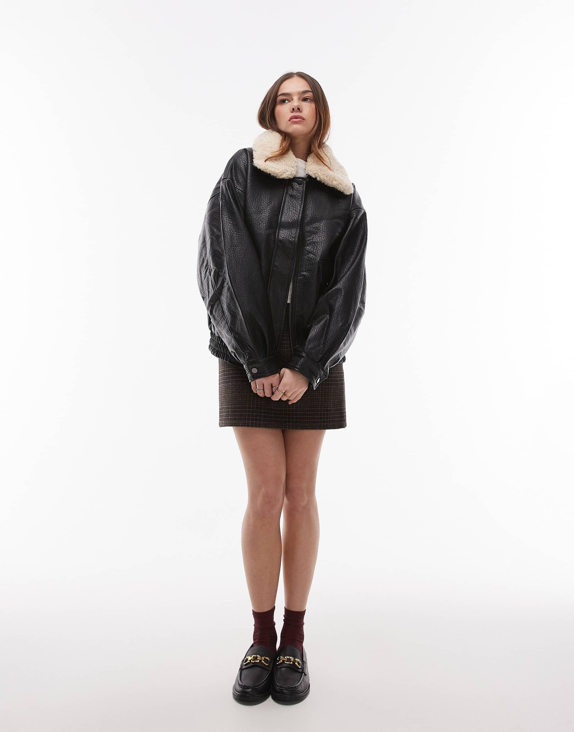 TOPSHOP Bubble Faux Leather Jacket With Detachable Borg Collar in