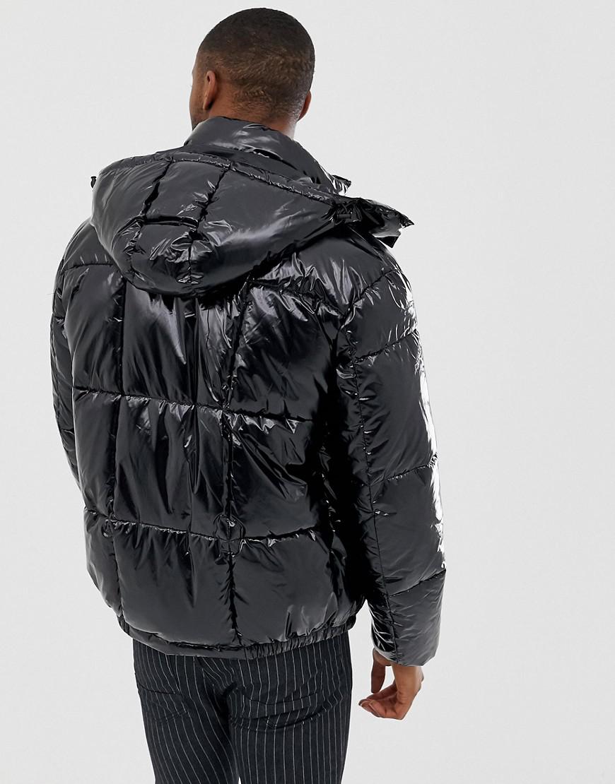 calvin klein shiny detachable hood puffer jacket in black