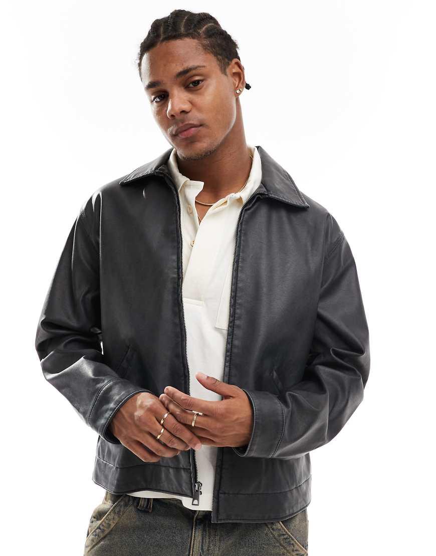 Hollister Boxy Fit Vintage Faux Leather Biker Jacket in Black for