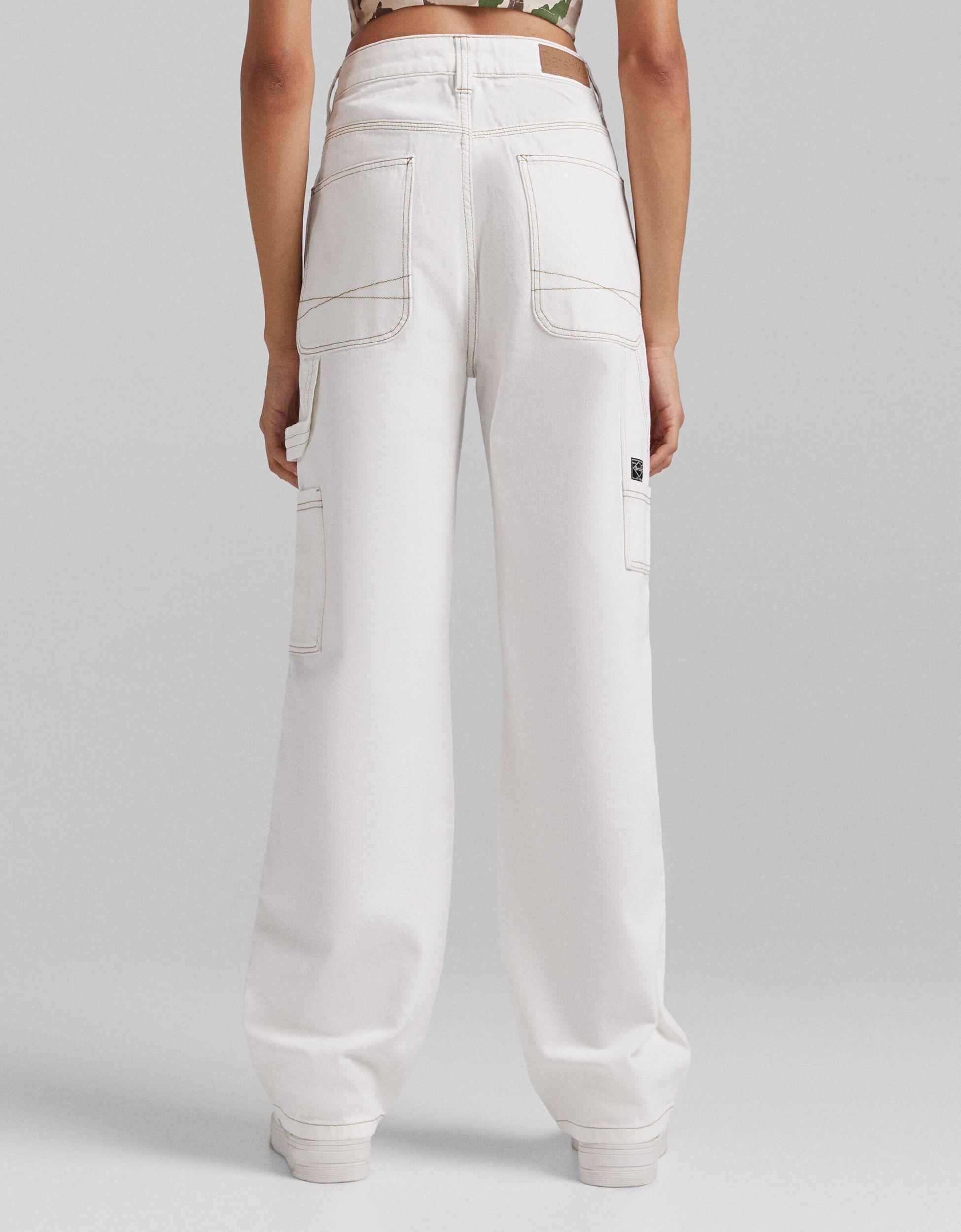 Bershka Cotton Contrast Seam Wide Leg Cargo Trousers in White | Lyst