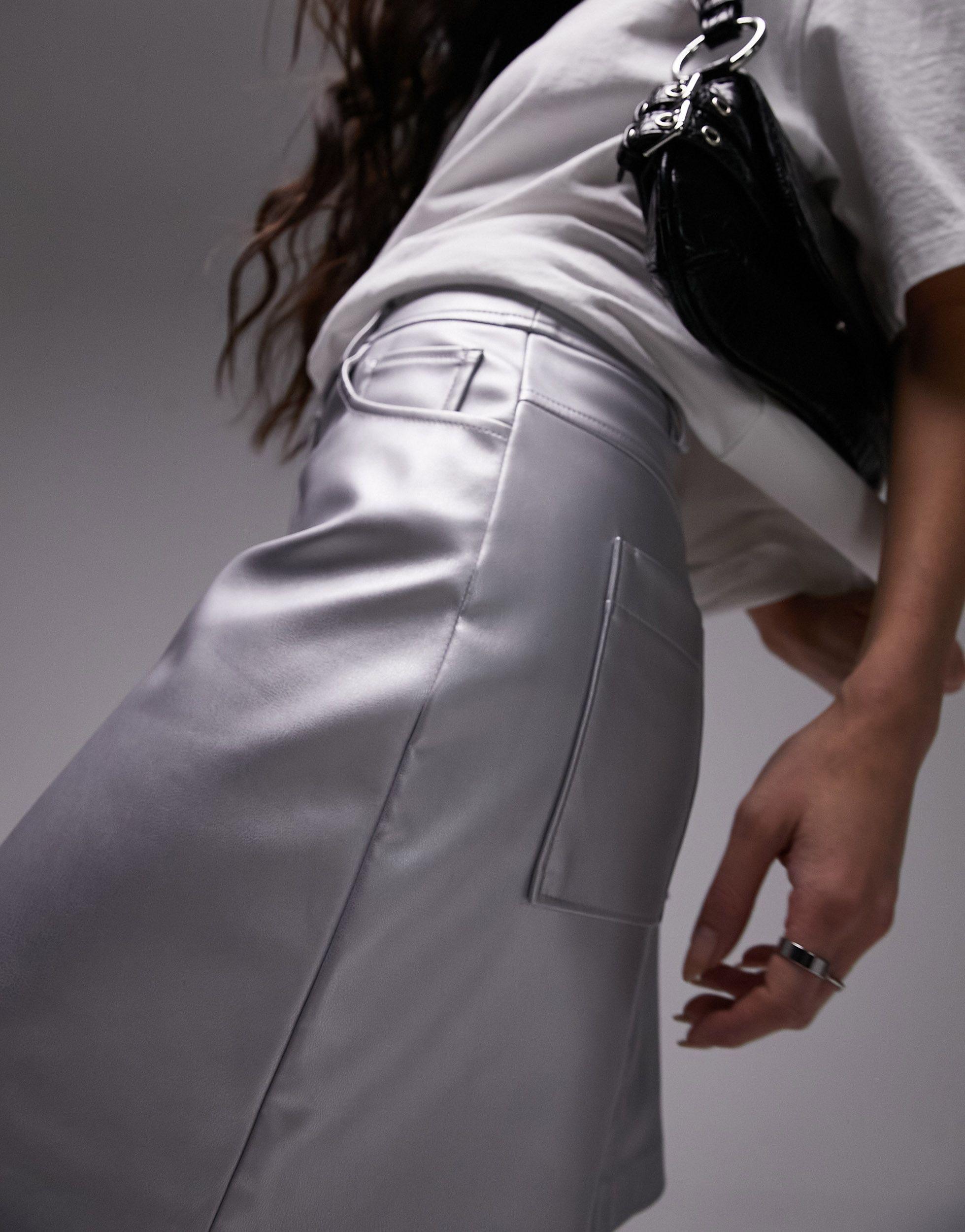 TOPSHOP Leather Look Denim Styled Mini Skirt in Metallic | Lyst