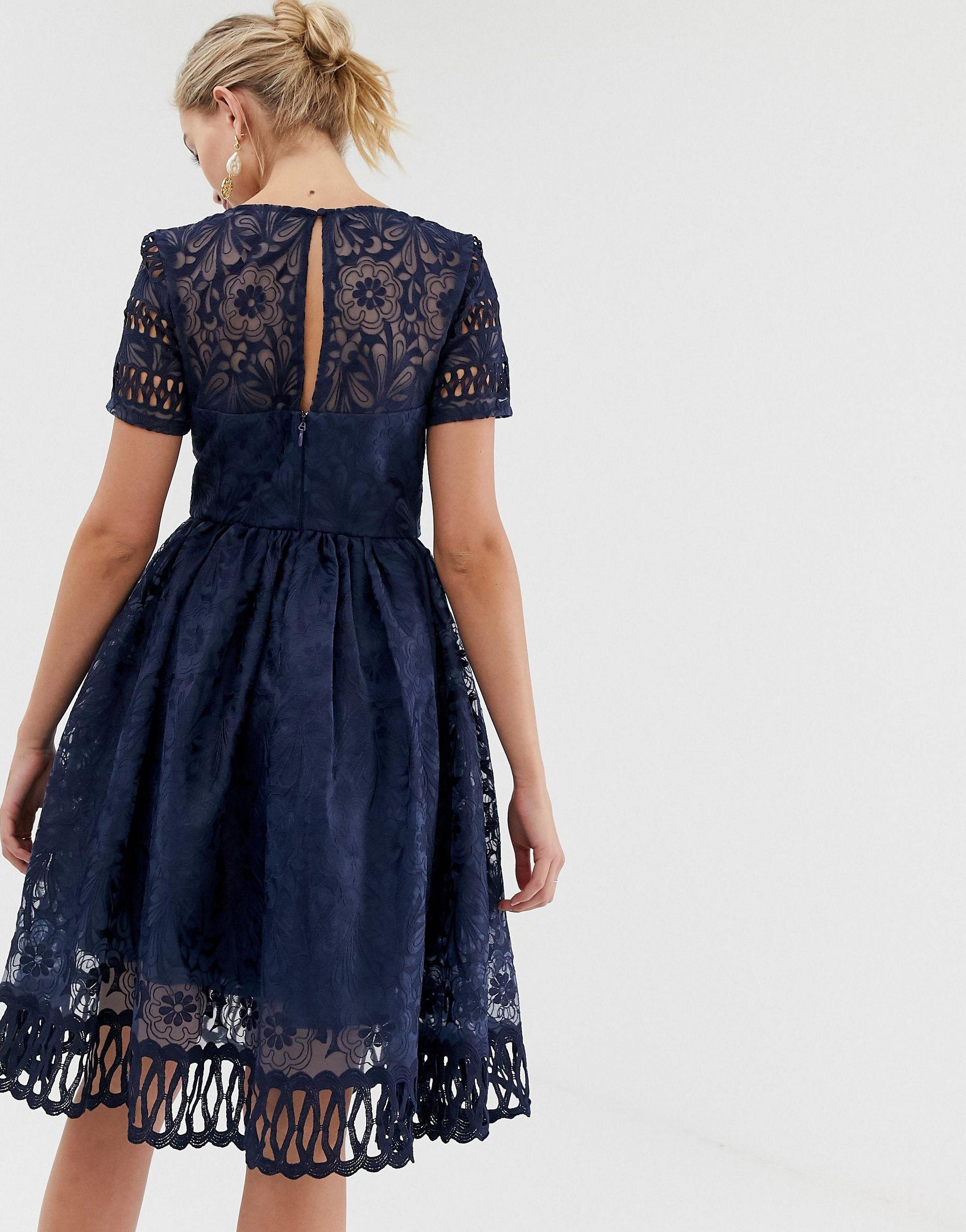 Chi Chi London Premium Lace Dress With Cutwork Detail And Cap Sleeve in  Navy (Blue) | Lyst
