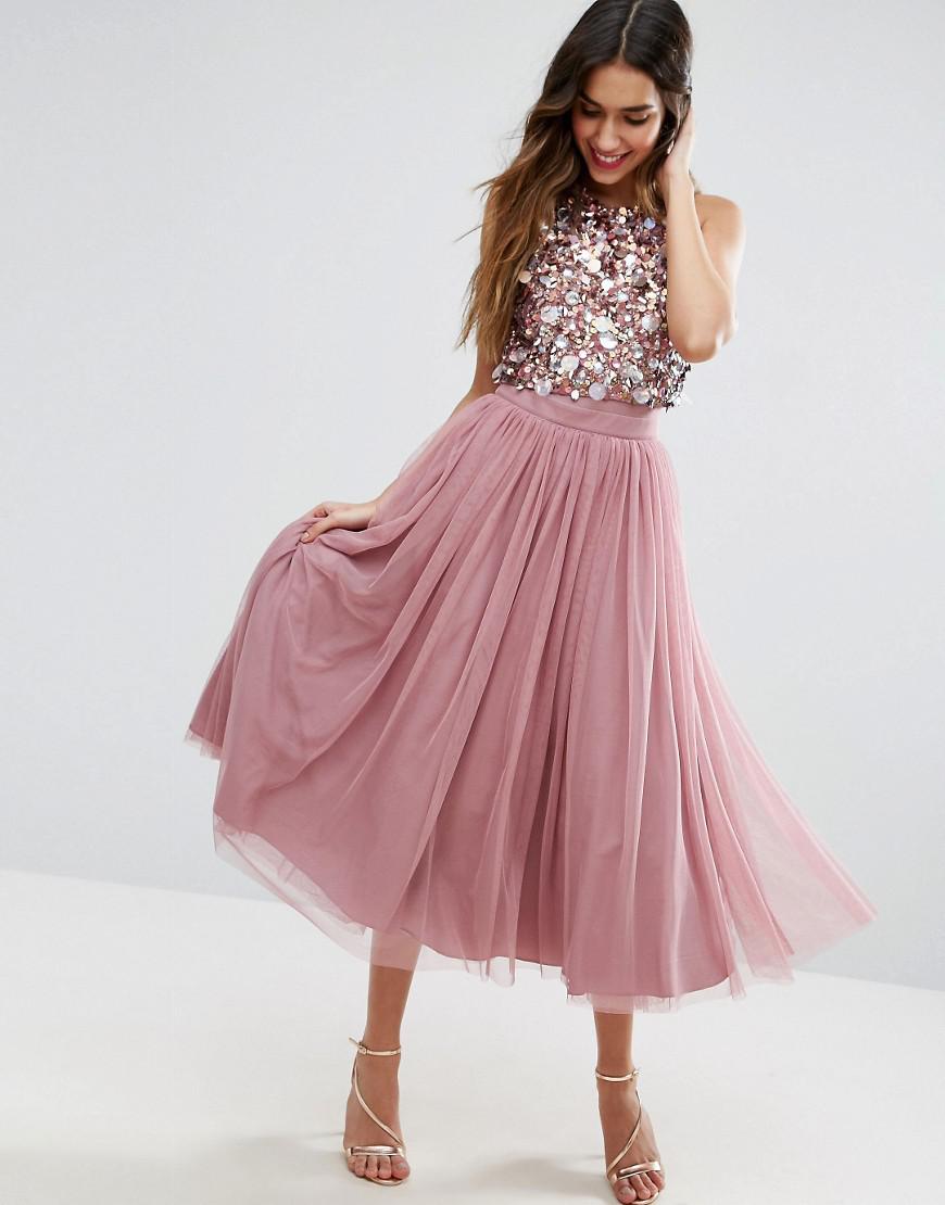 asos embellished cluster crop top tulle midi dress