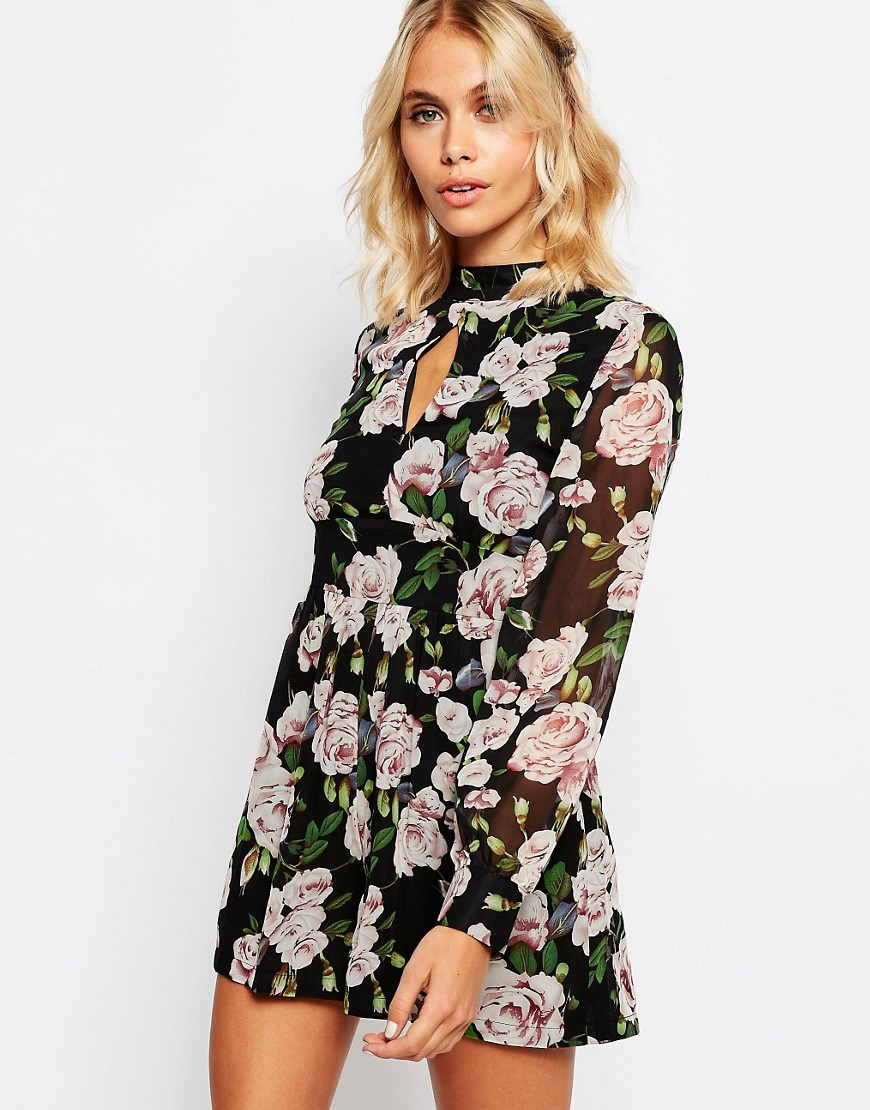 Fashion Union Chiffon Long Sleeve Playsuit In Floral Print in Black - Lyst