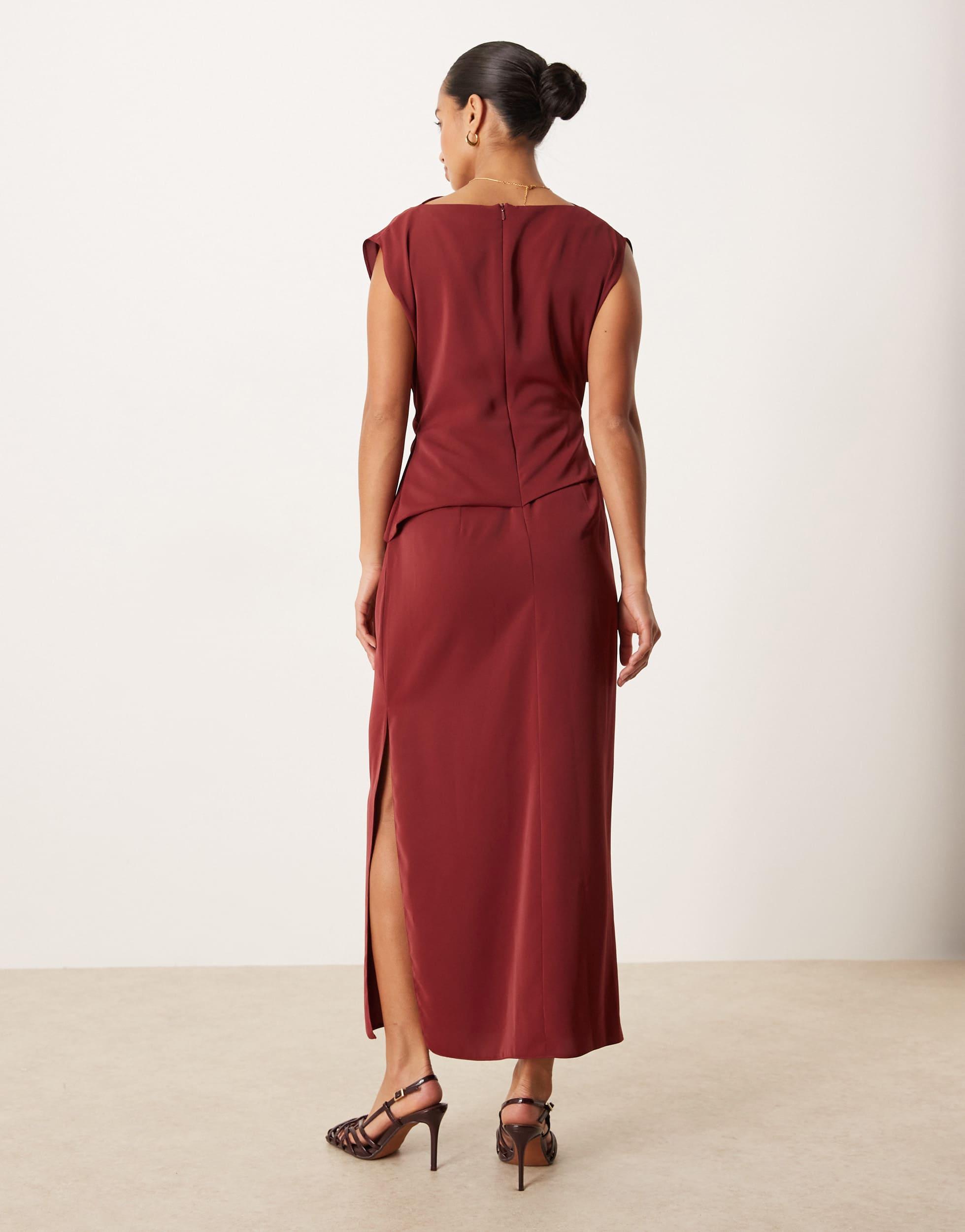 ASOS Asos Design Petite High Neck Drapey Pleated Midi Dress in Red | Lyst