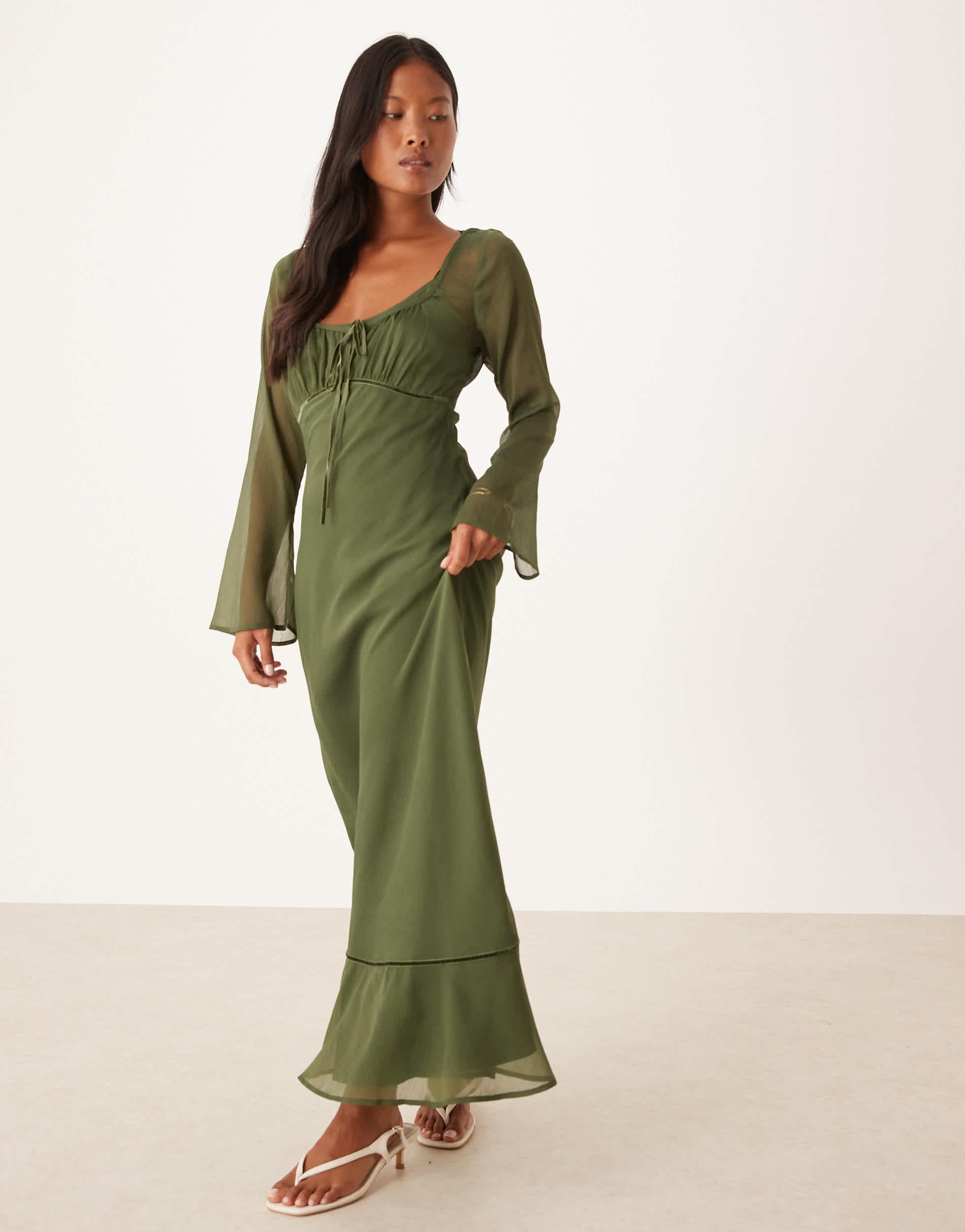 asos green petite dress ASOS DESIGN Petite bandeau contrast fabric slip maxi dress with corset  detail in olive green