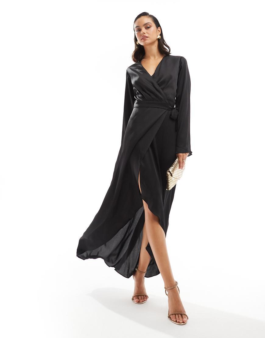 TFNC London Satin Long Sleeve Wrap Maxi Dress in Black | Lyst UK