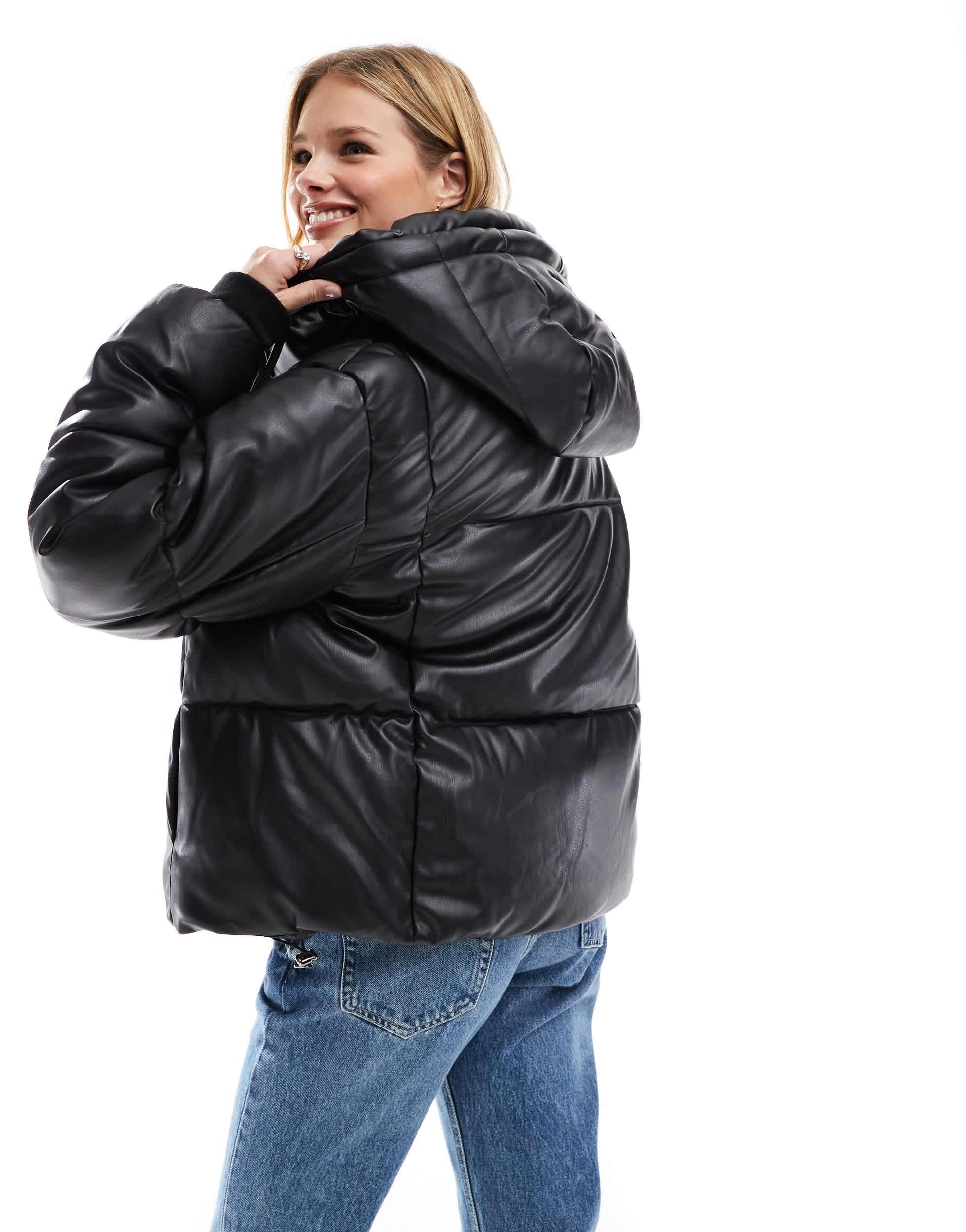 Pull And Bear Leather Puffer Pull&Bear Faux Leather Puffer Jacket - Main Image