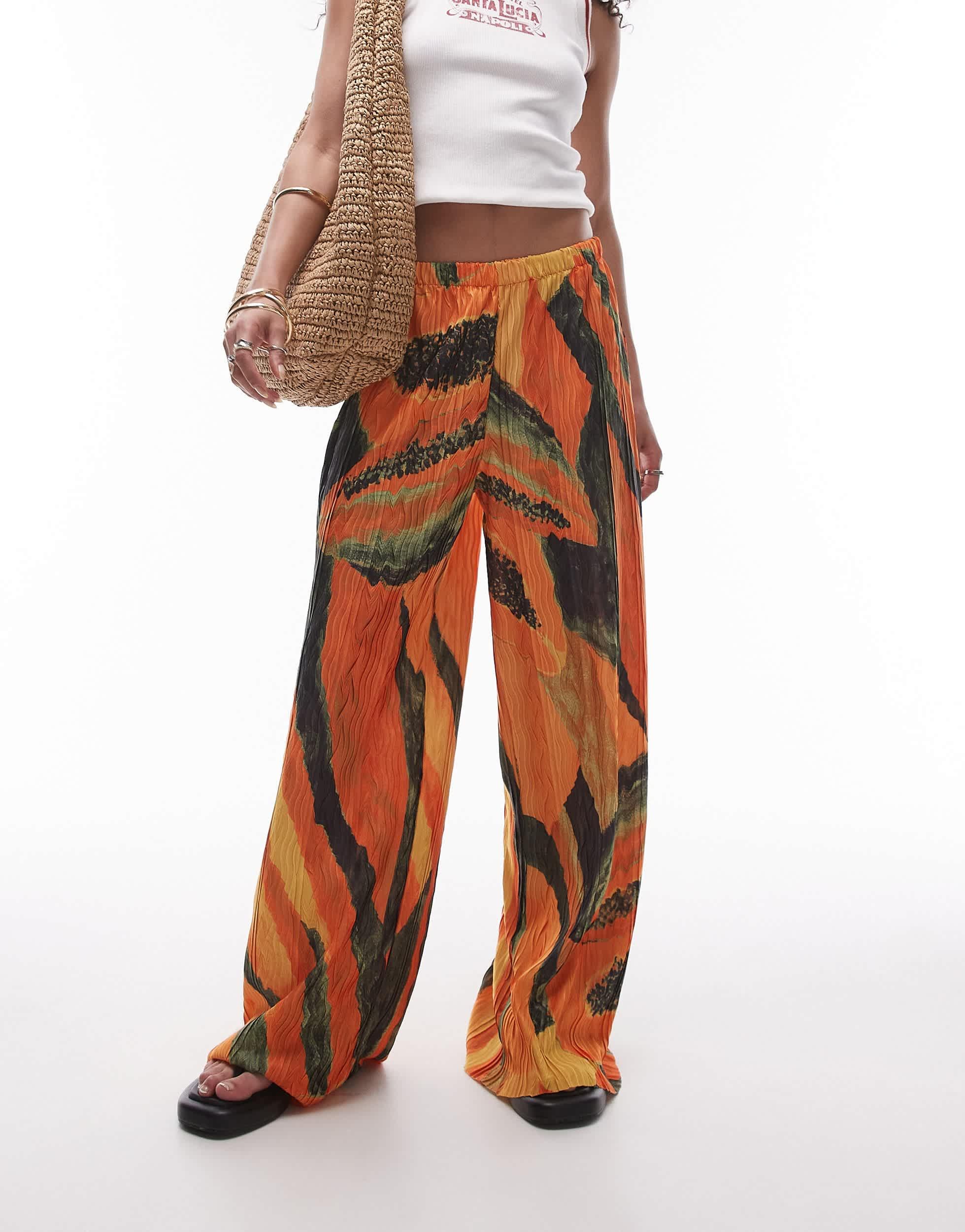TOPSHOP Abstract Papaya Print Crinkle Plisse Trouser in Orange