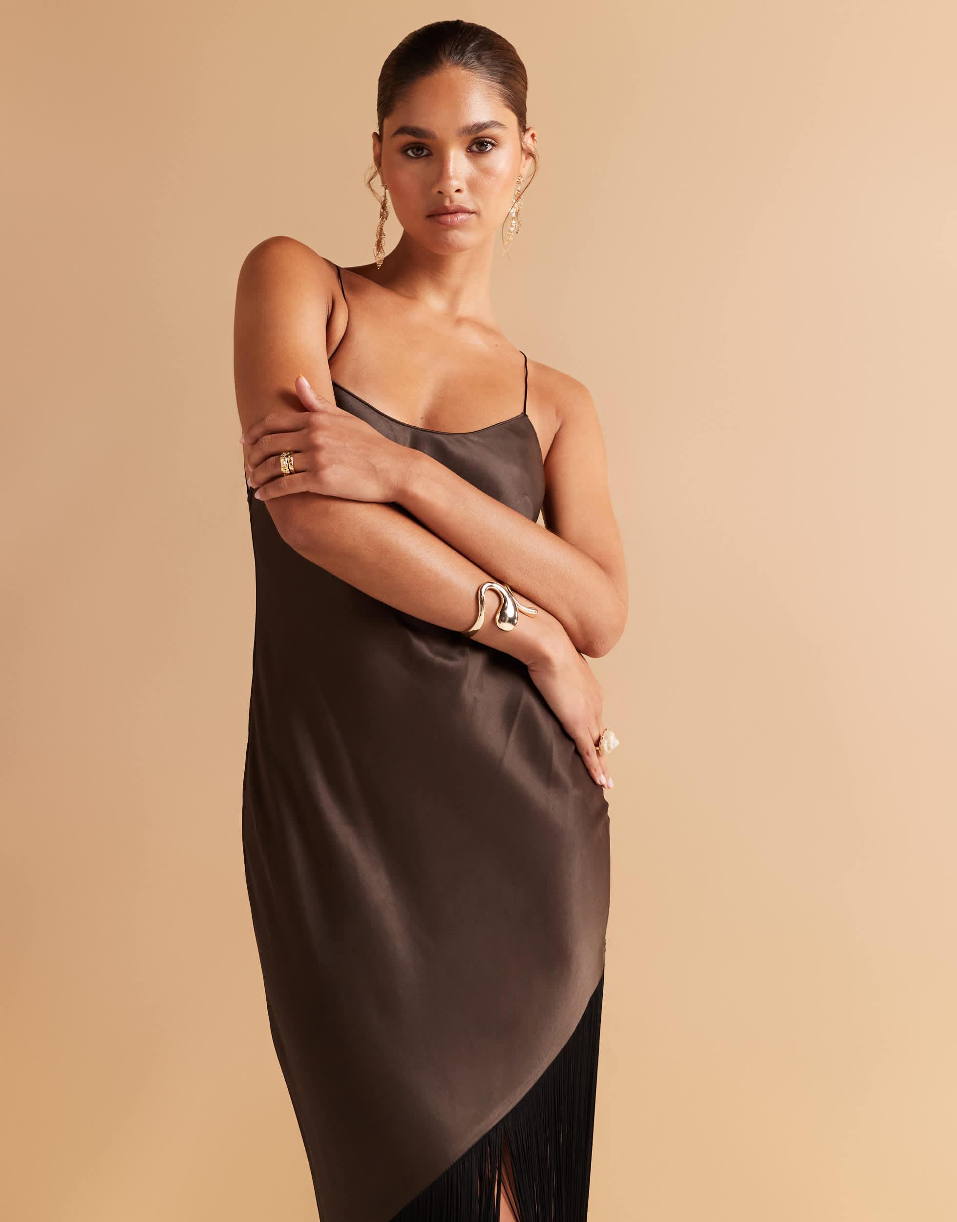 mango scoop neck satin dress with fringed hem in brown Satin dress with low-cut neckline - Women