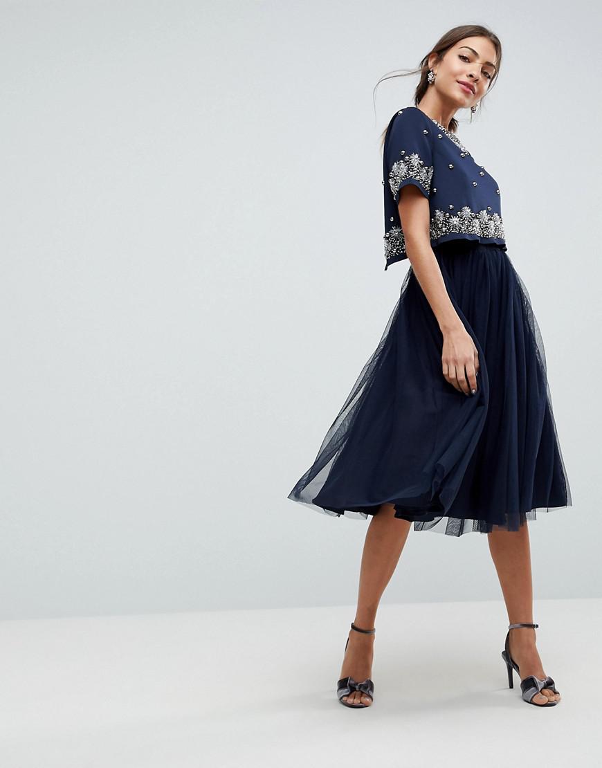 ASOS Embellished Crop Top Tulle Midi Dress in Blue | Lyst