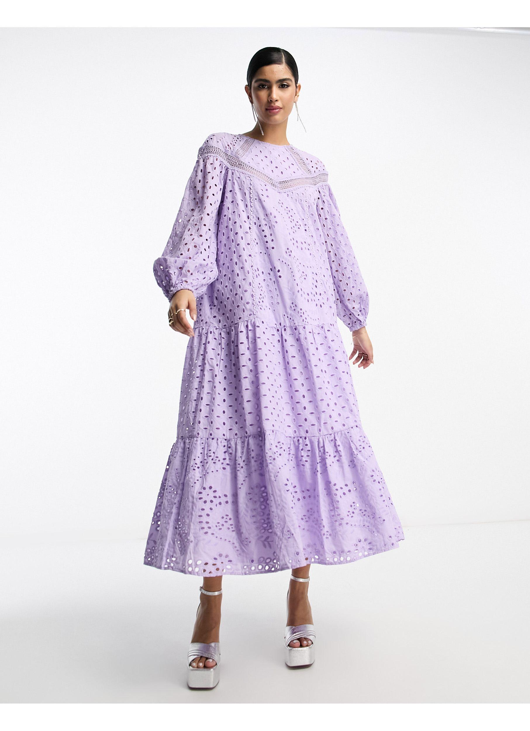 ASOS Broderie Maxi Dress With Lace Inserts in Purple Lyst