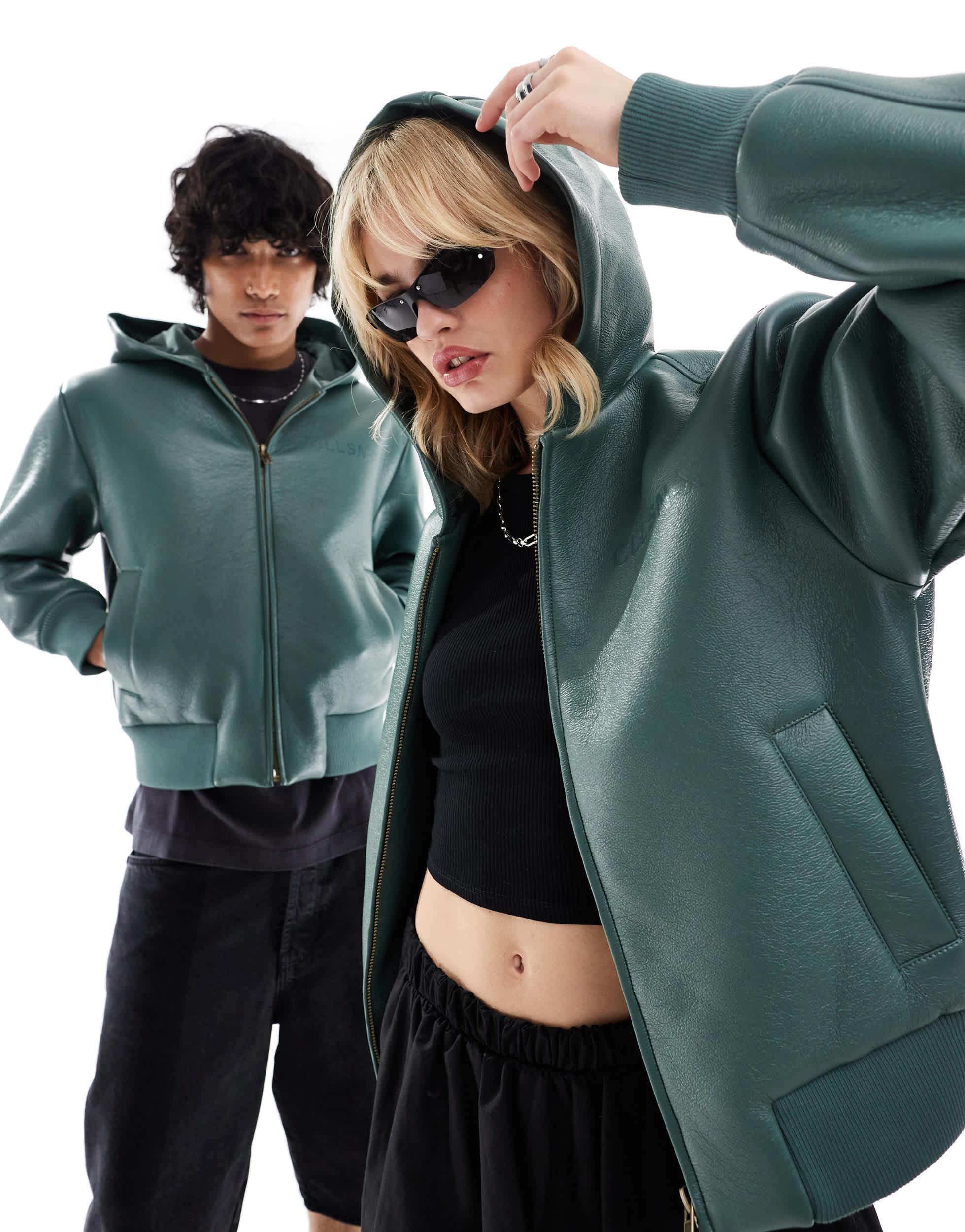 Collusion Unisex Bonded Faux Leather Hooded Bomber Jacket in Green Lyst