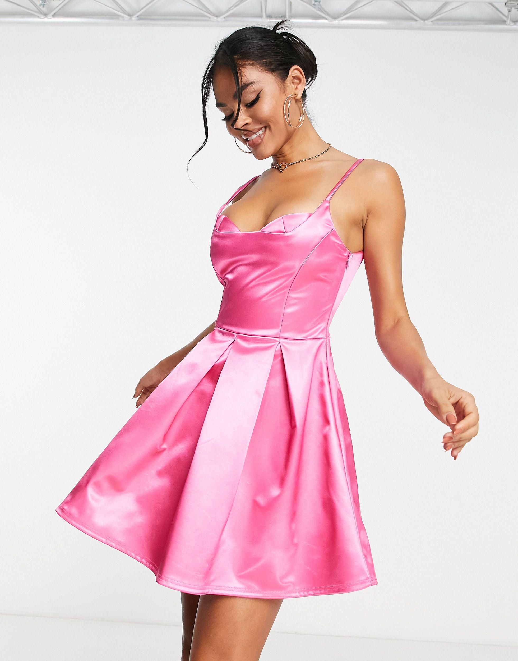 AsYou Satin Bra Insert Skater Dress in Pink