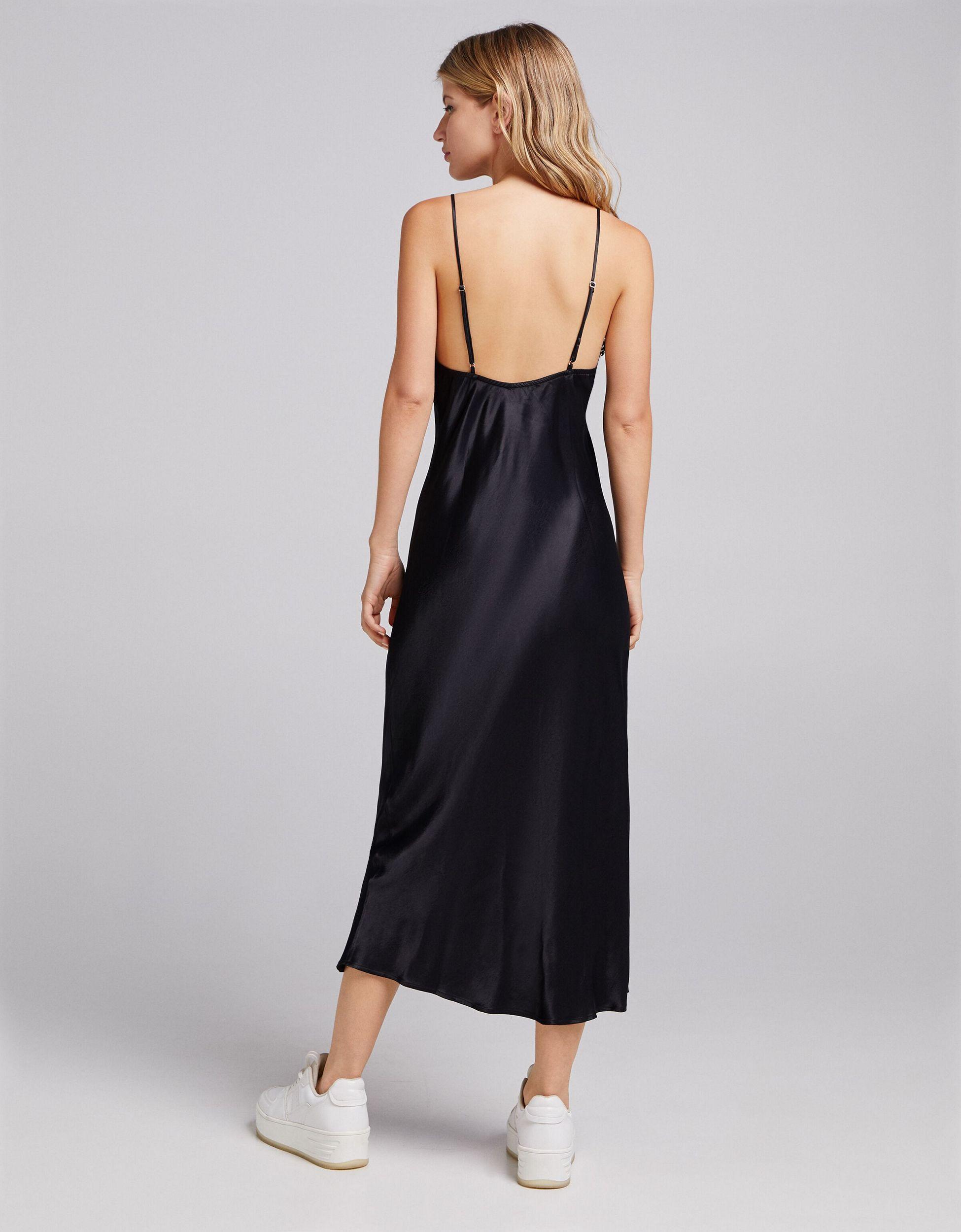 Bershka Satin Midi Dress With Lace Trim in Black | Lyst