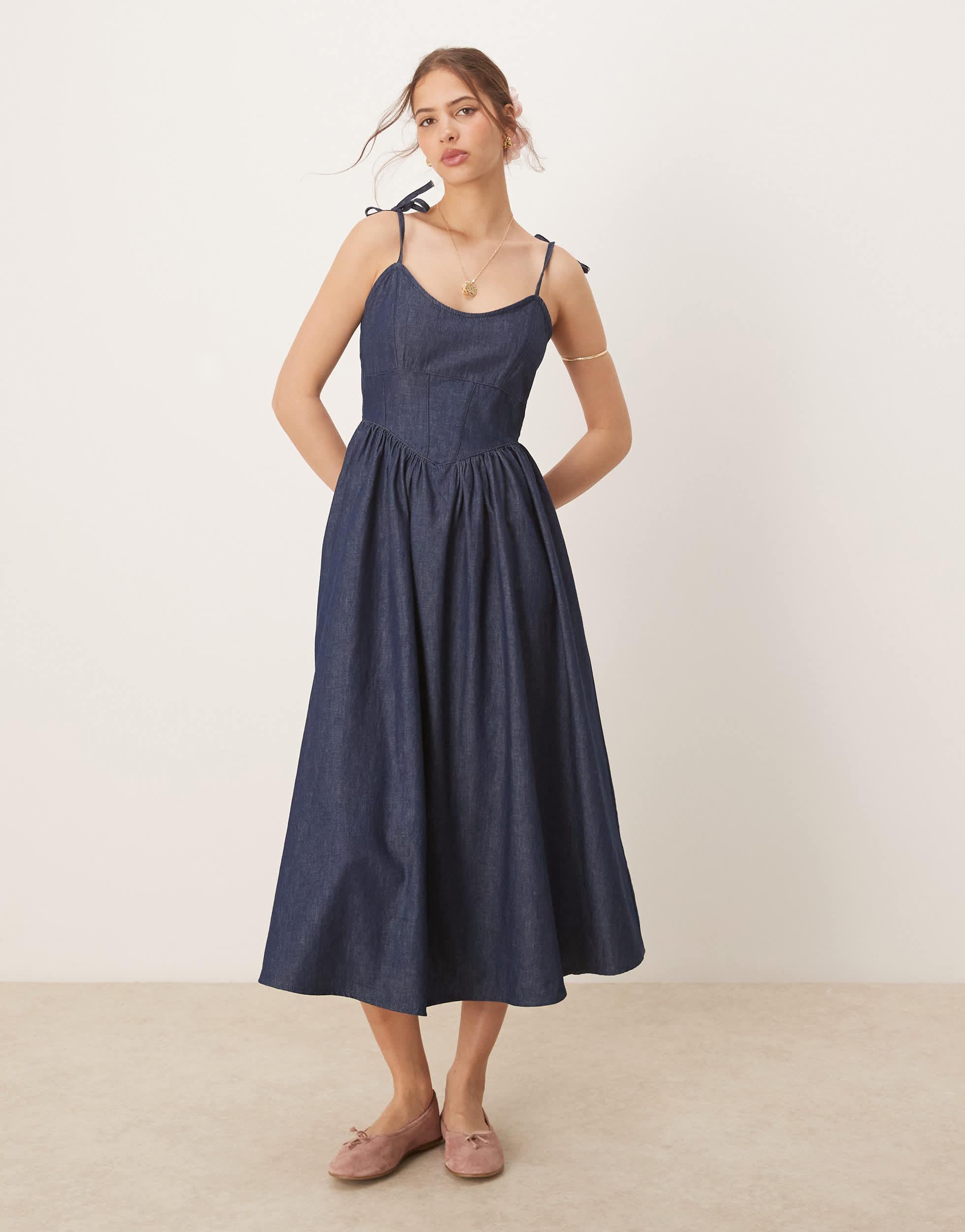knee length dresses for ladies ASOS DESIGN Curve split cap sleeve cut out midi dress in washed blue  ASOS  Sample Sale