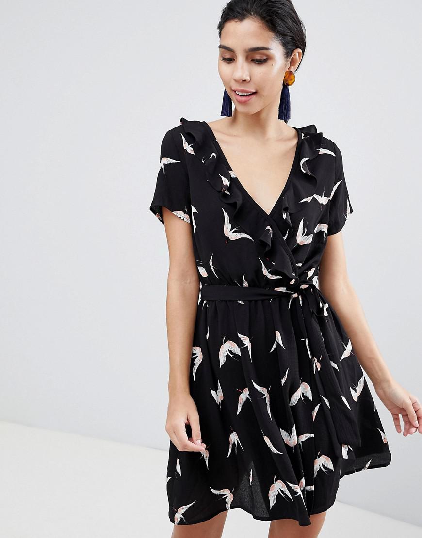 bird print wrap dress