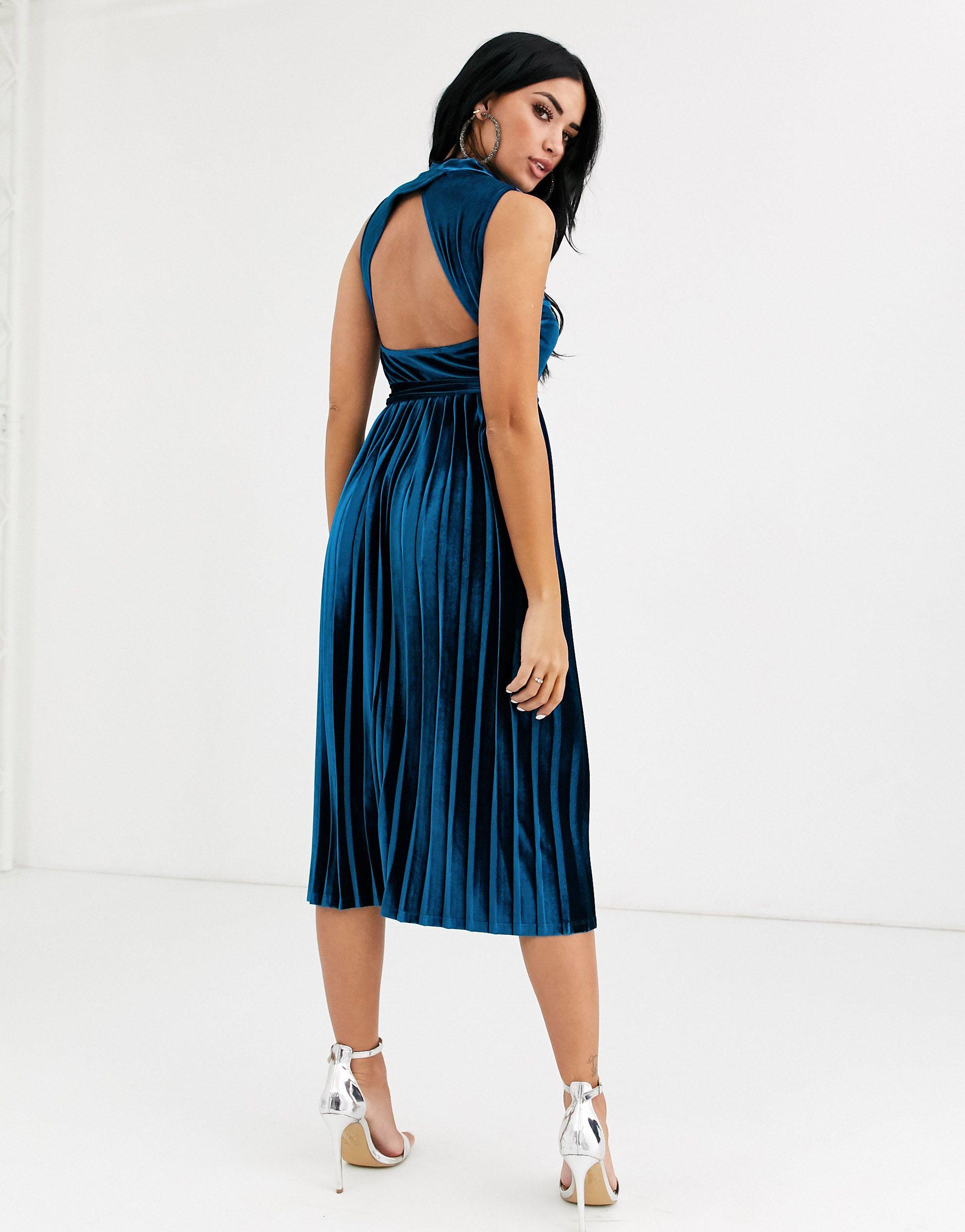 ASOS Sleeveless High Neck Pleated Open Back Velvet Midi Dress in Blue