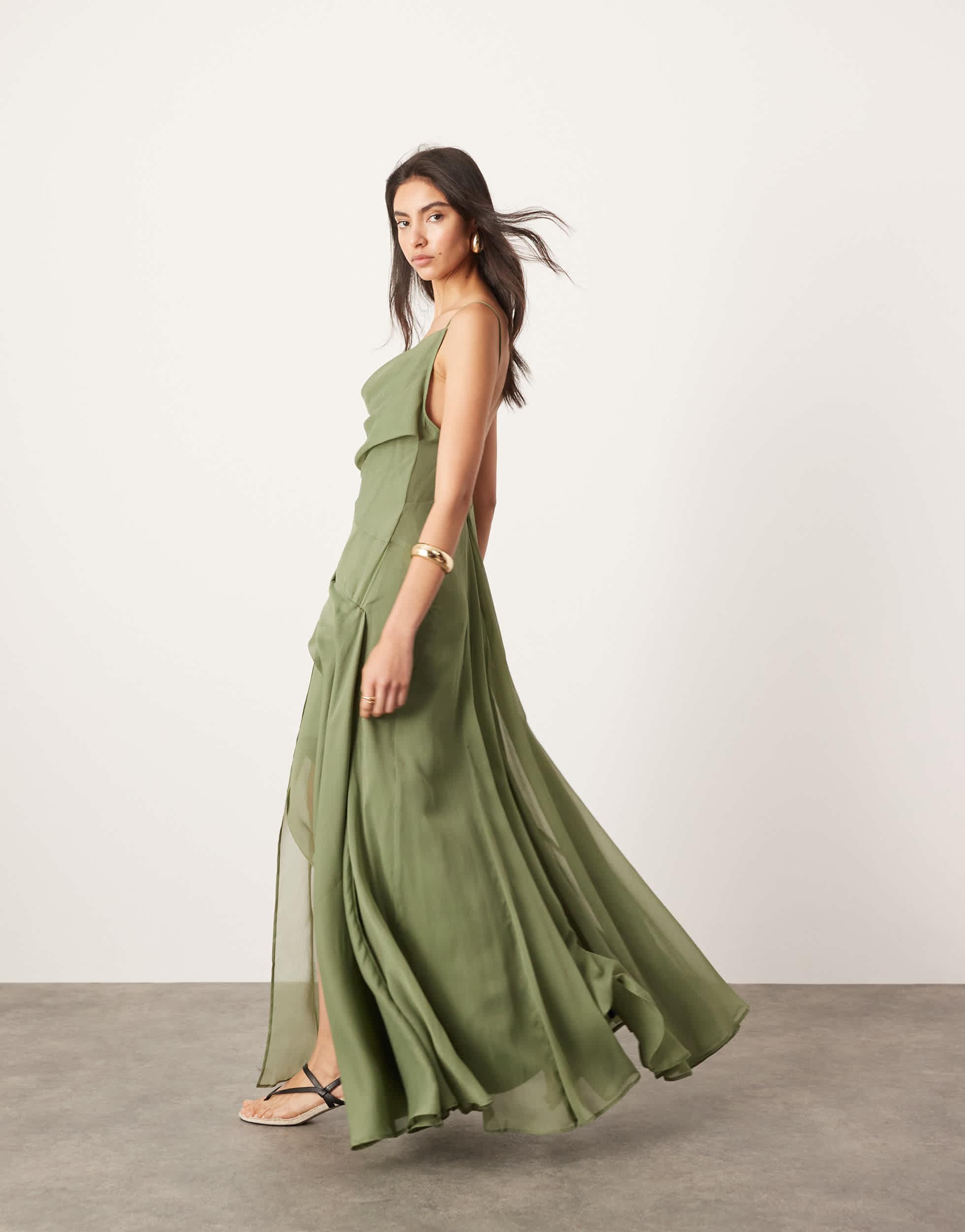 ASOS Chiffon Cami Asymmetric Drape Maxi Dress in Green | Lyst