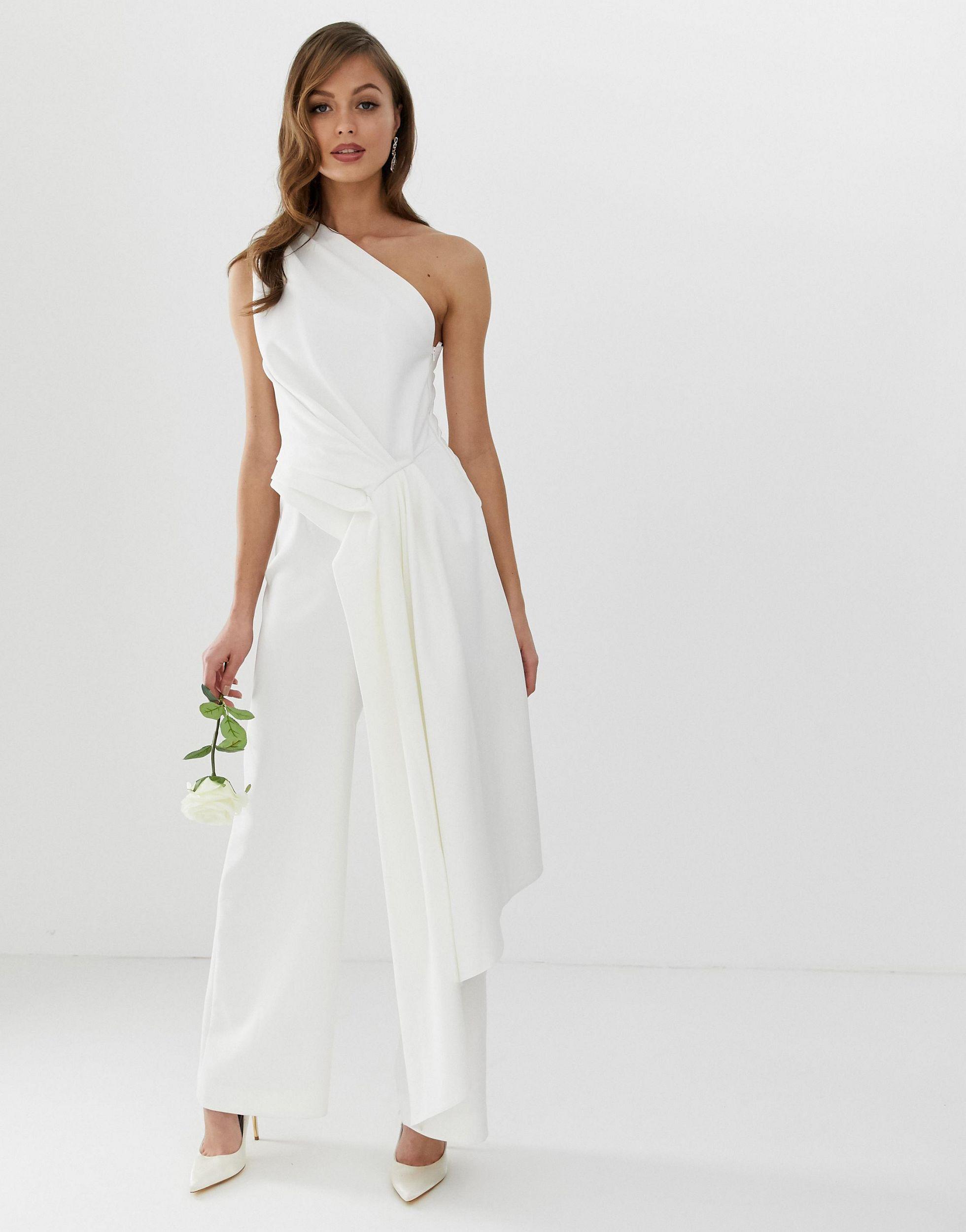 ASOS One Shoulder Drape Side Jumpsuit in White | Lyst