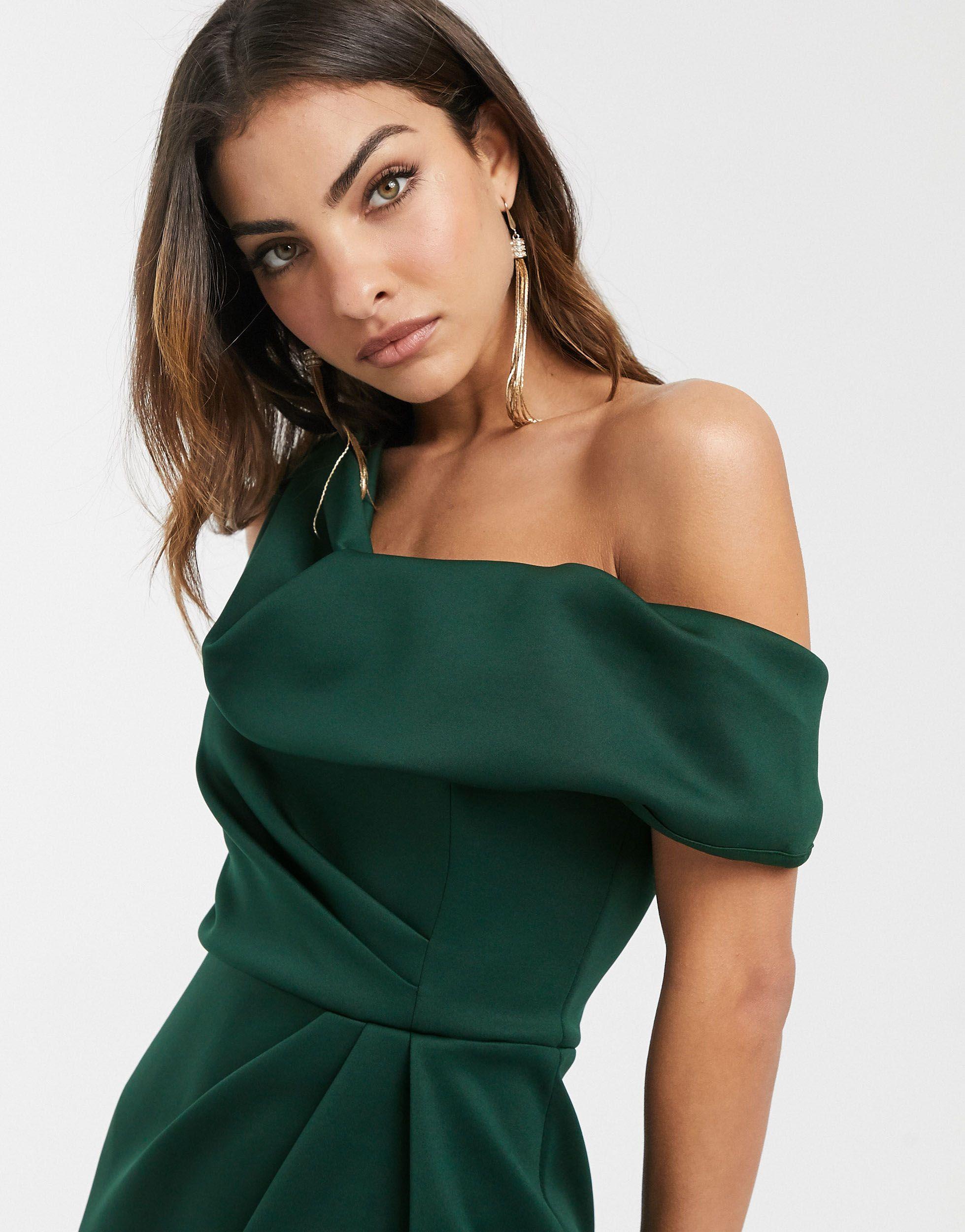 ASOS Drape Fallen Shoulder Midi Pencil Dress in Green | Lyst