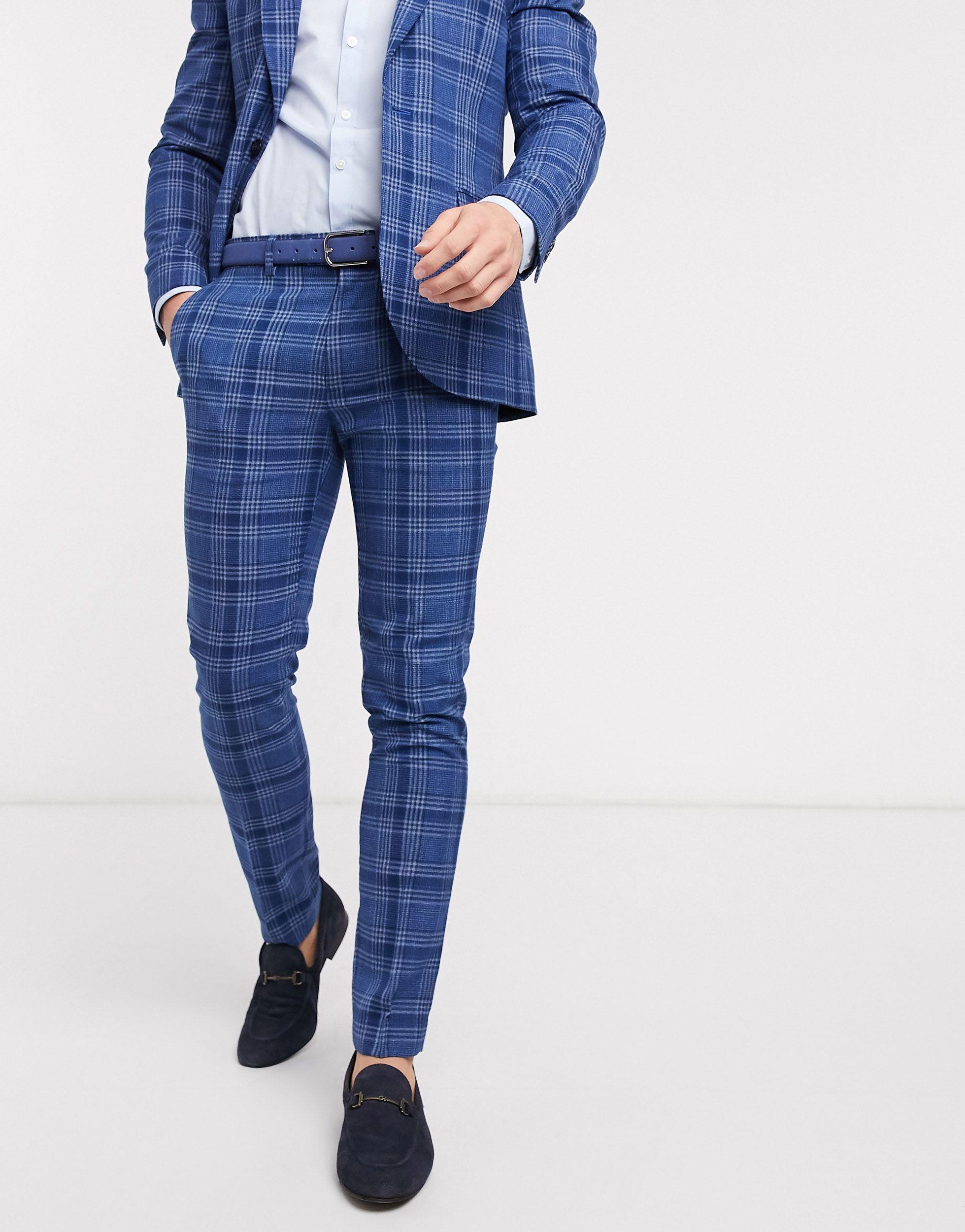TOPMAN Skinny Fit Checked Suit Jacket in Blue for Men Lyst UK