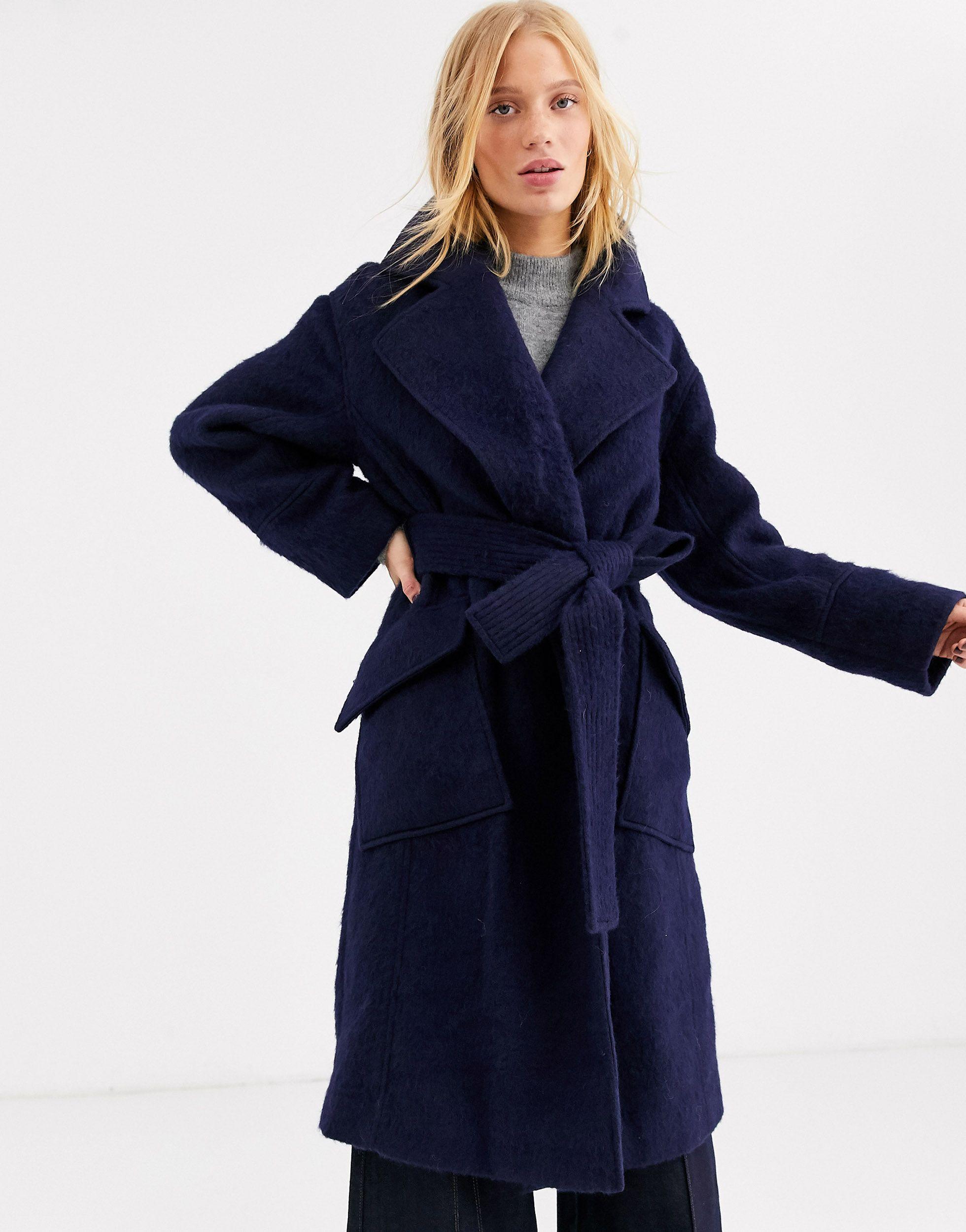 ASOS Wool Belted Coat in Blue | Lyst