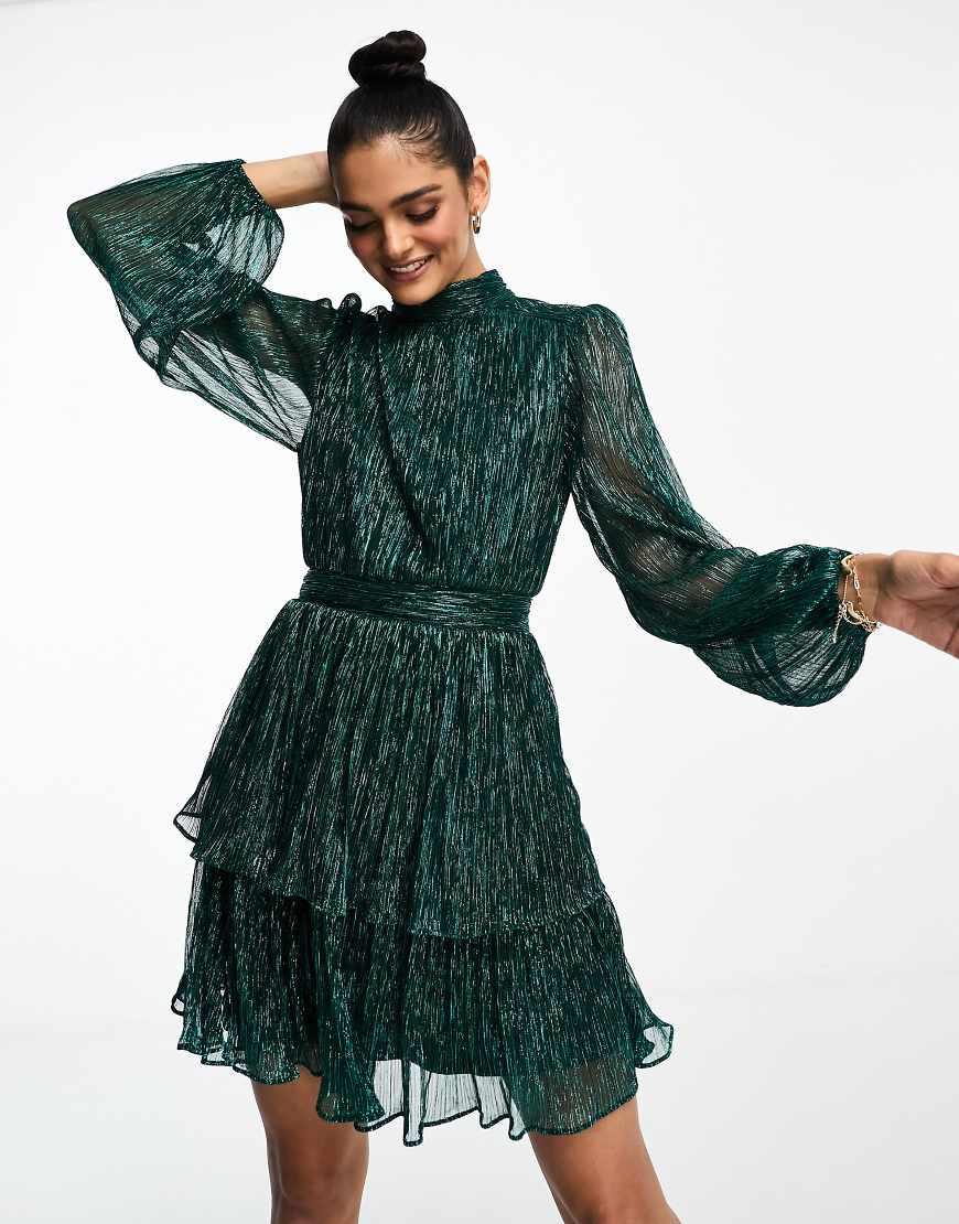 Forever New Tiered Metallic Plisse Mini Dress in Green | Lyst UK