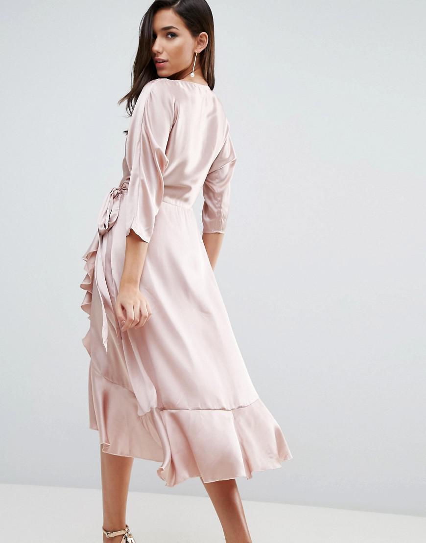ASOS Synthetic Wrap Ruffle Midi Dress in Pink - Lyst