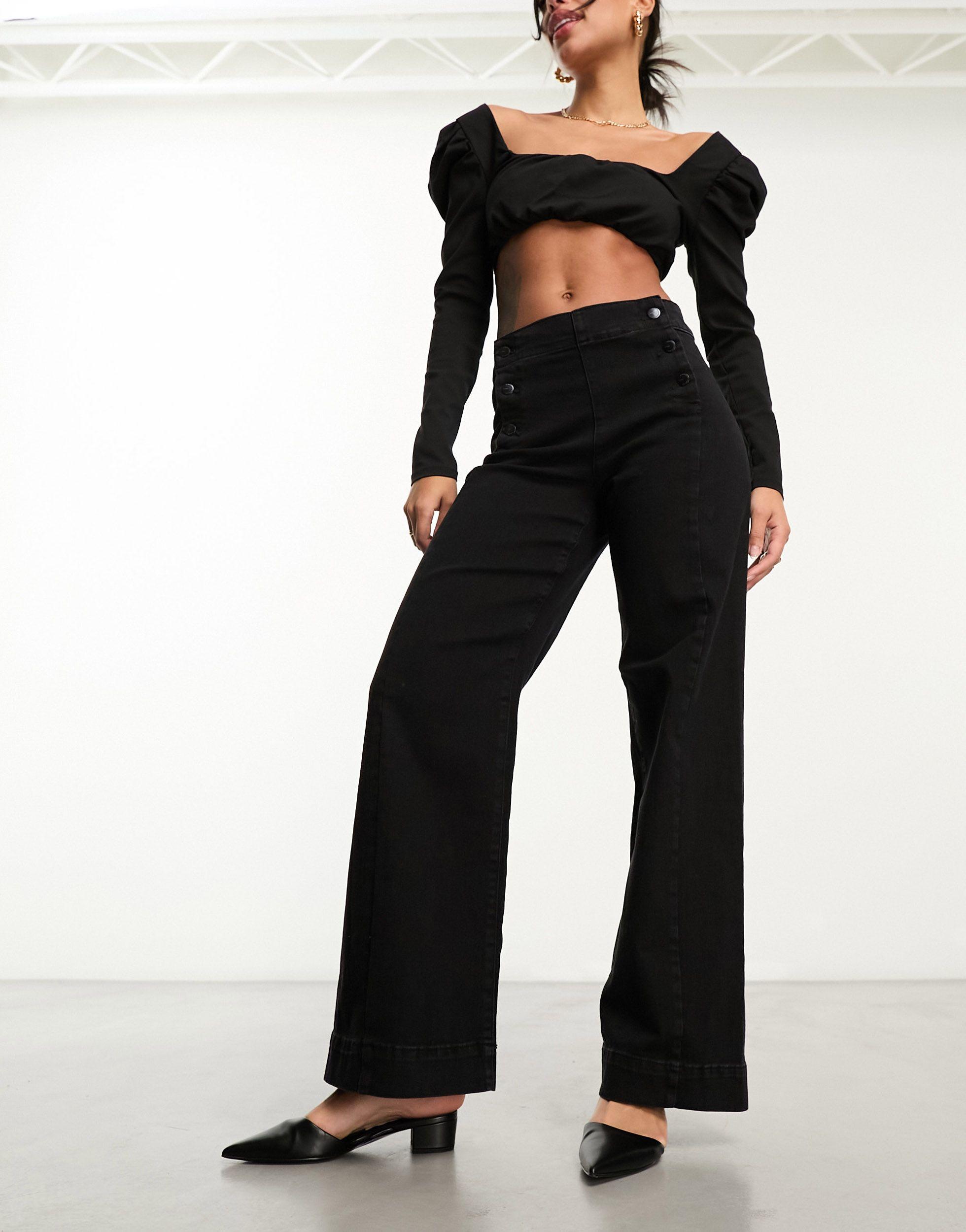 Vero Moda Kayla Button Front Wide Leg Jeans in Black | Lyst