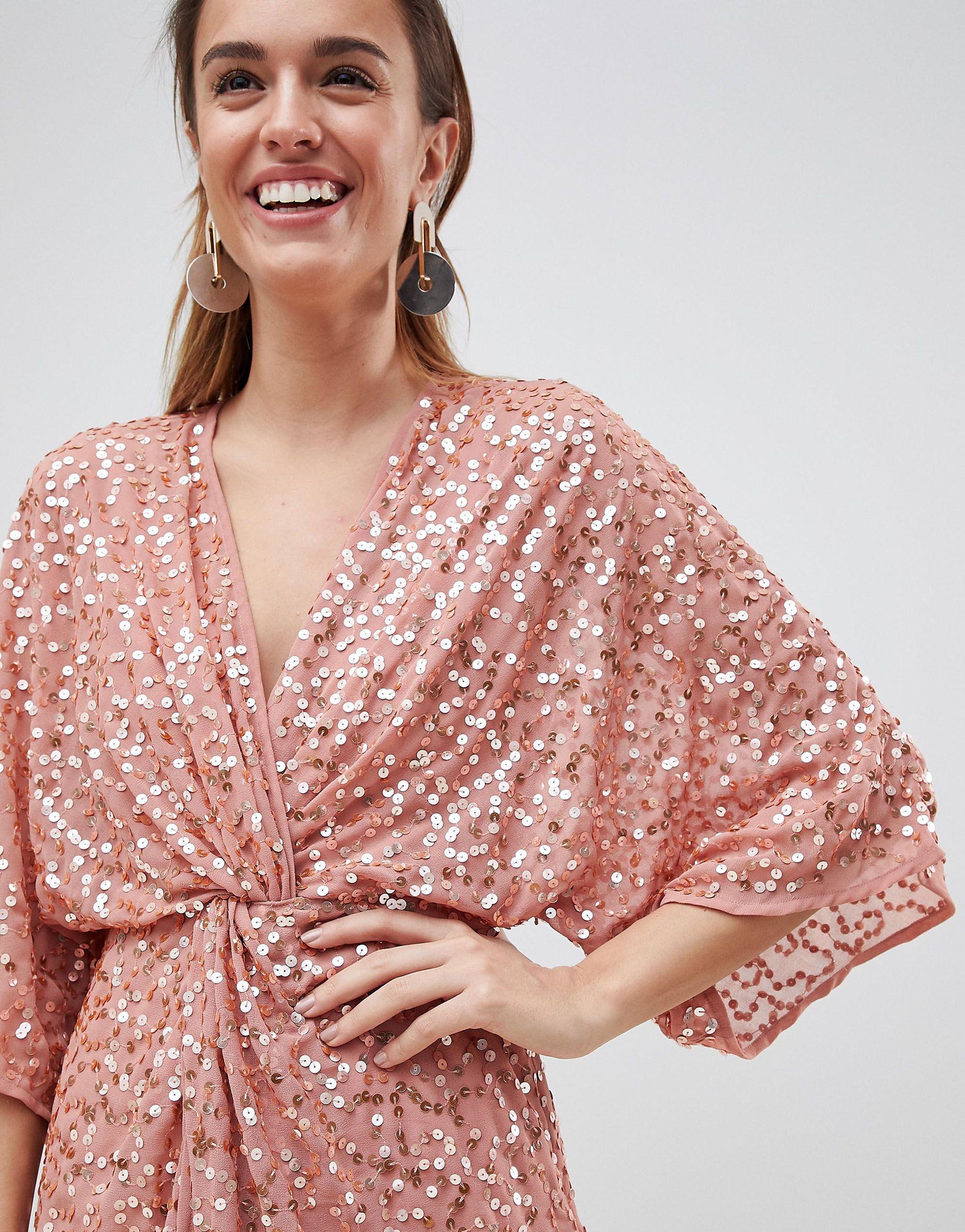 ASOS Scatter Sequin Knot Front Kimono Midi Dress | Lyst