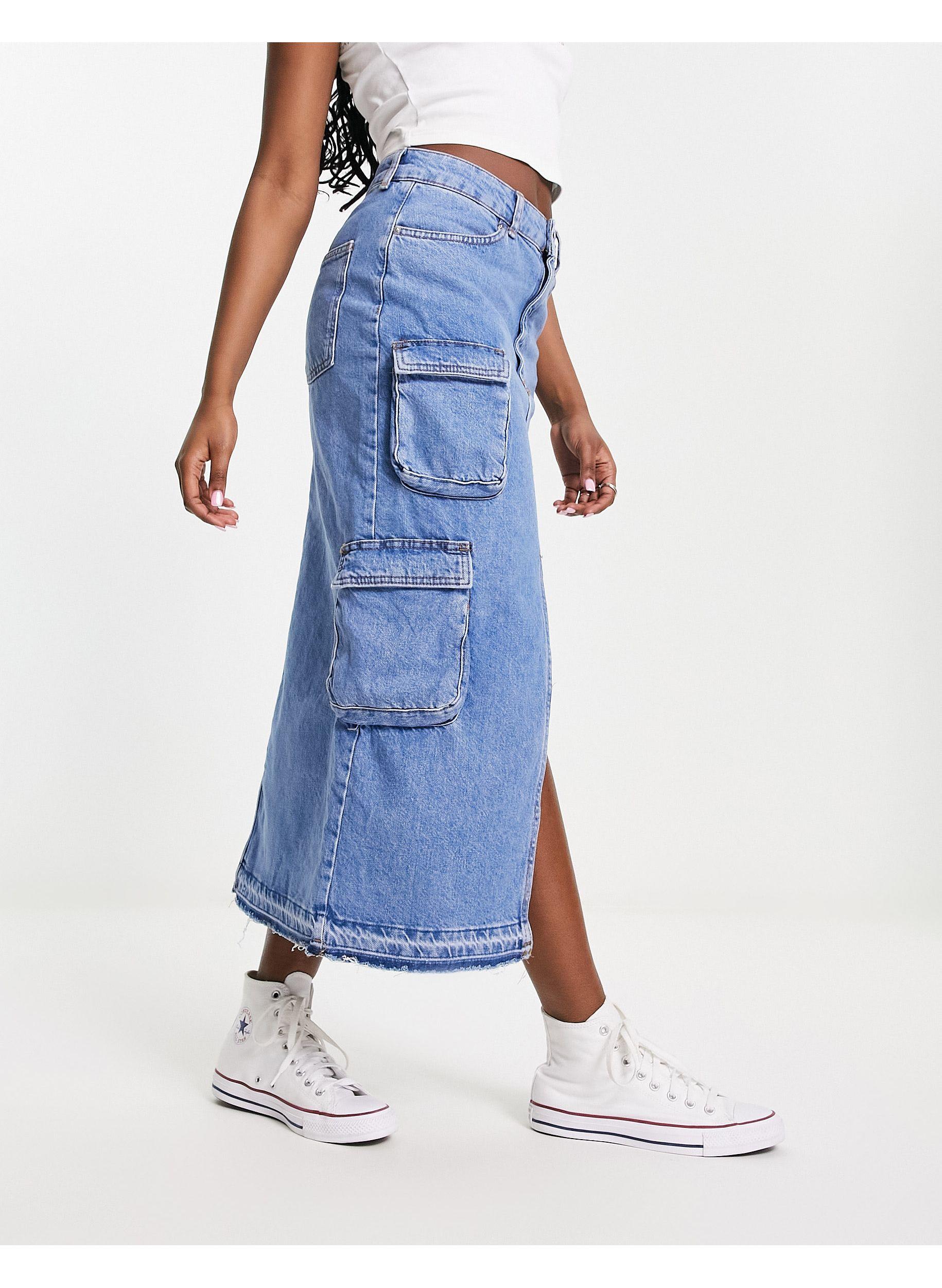 Bershka Split Front Denim Midi Cargo Skirt in Blue Lyst