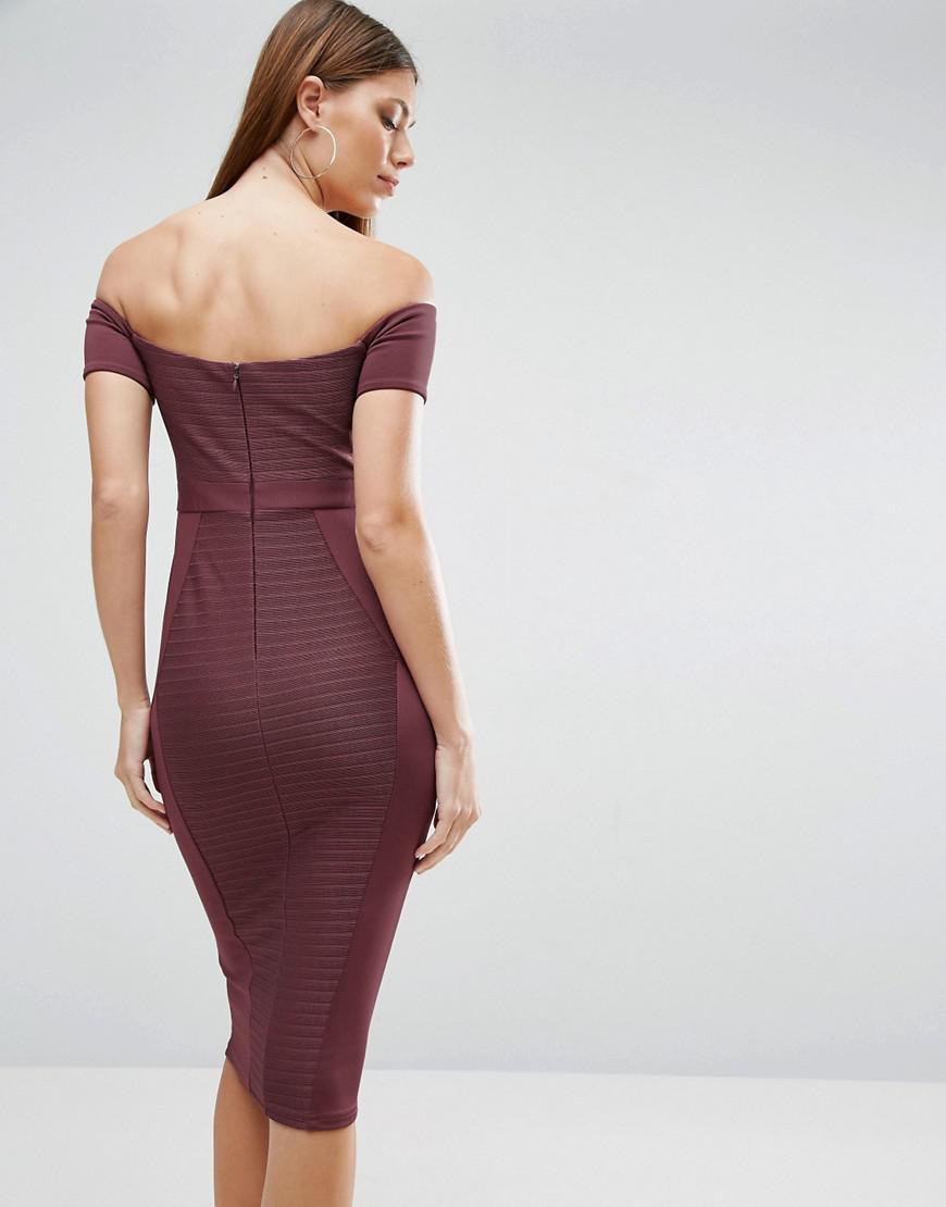 Lyst Asos Bandage Off The Shoulder Bardot Midi Bodycon Dress in Purple