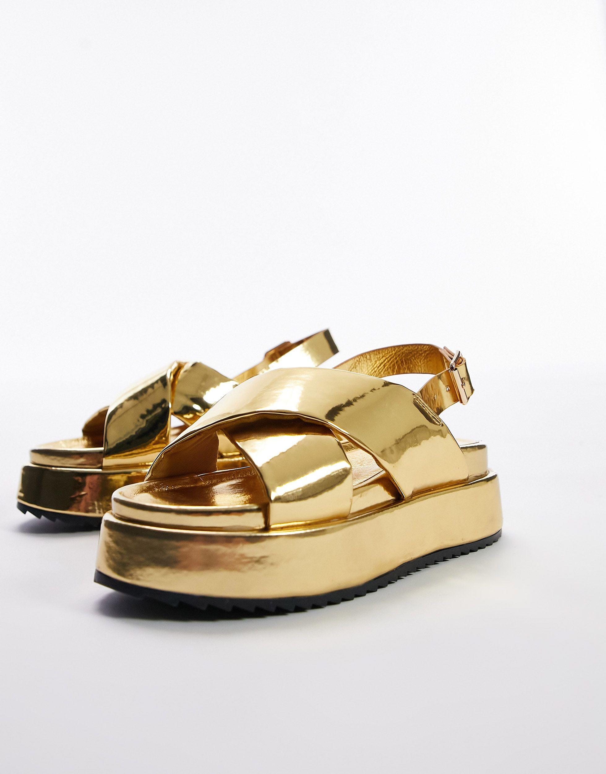 TOPSHOP Wide Fit Gaby Chunky Flatform Sandals in Metallic | Lyst