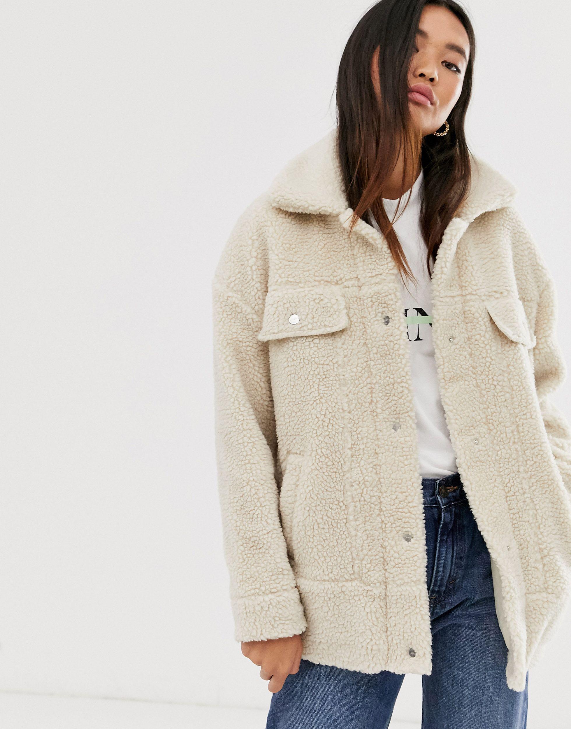 oversized zip up borg teddy trucker jacket beige