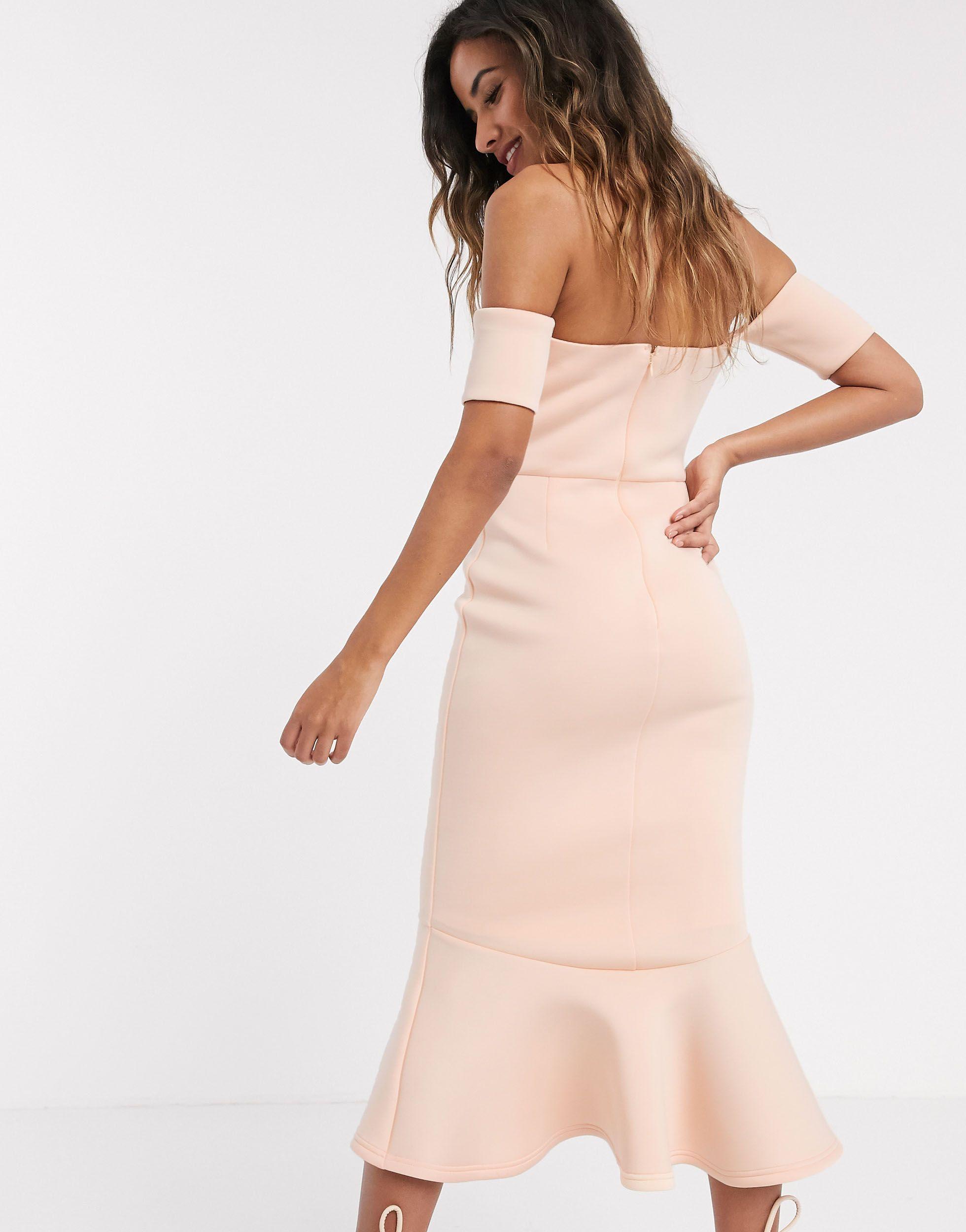 lipsy satin panel bardot fishtail maxi dress