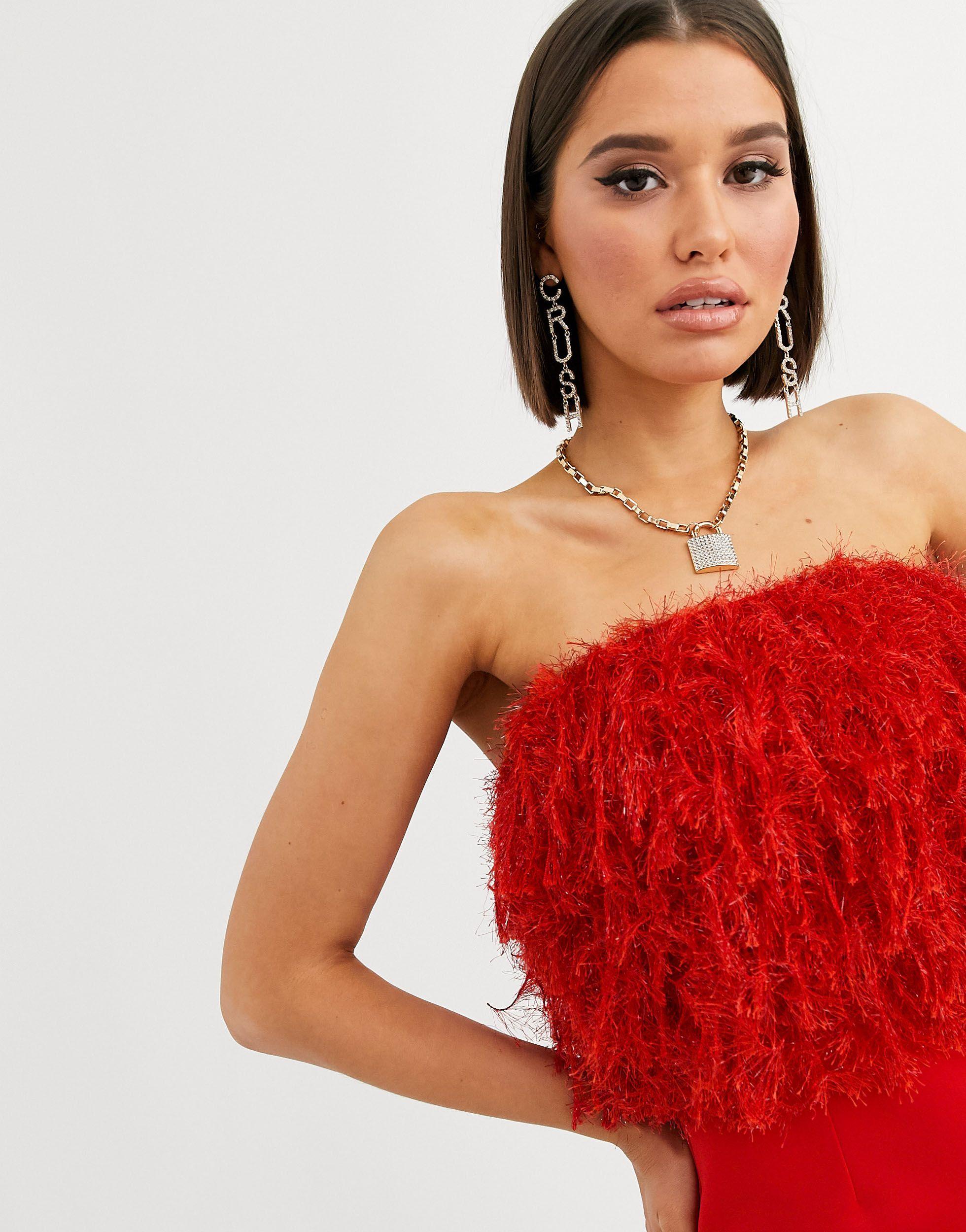 Faux Feather Top Bandeau Midi Dress 